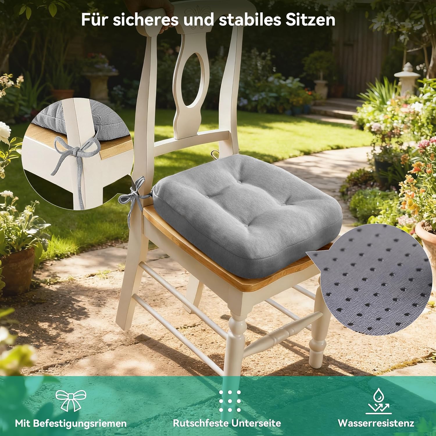 Codi Sitzkissen 40 x 40 x 8 cm, 4er-Set, extra dicke, bequeme Stuhlkissen mit wasserabweisendem Bezug – waschbare, rutschfeste Memory-Schaum-Sitzkissen für Stuhl, Outdoor- und Gartenstuhl, grau – Bild 7