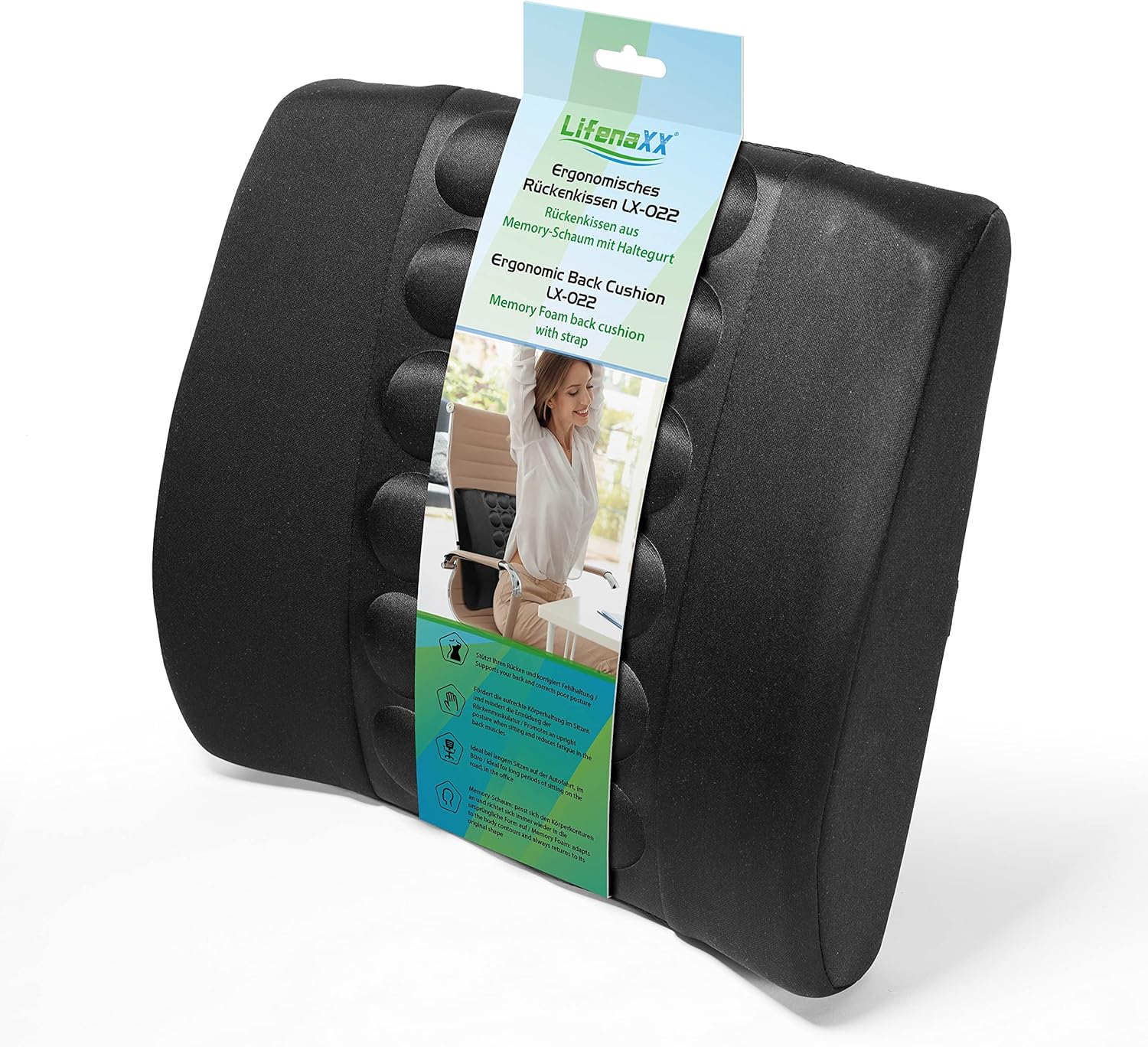 Lifenaxx Ergonomisches Rückenkissen LX-022 – Premium-Lendenkissen aus Memory-Schaum für Büro, Auto und Zuhause, unterstützt eine aufrechte Haltung, reduziert Rückenschmerzen und Müdigkeit, abnehmbarer, waschbarer Bezug – Bild 6