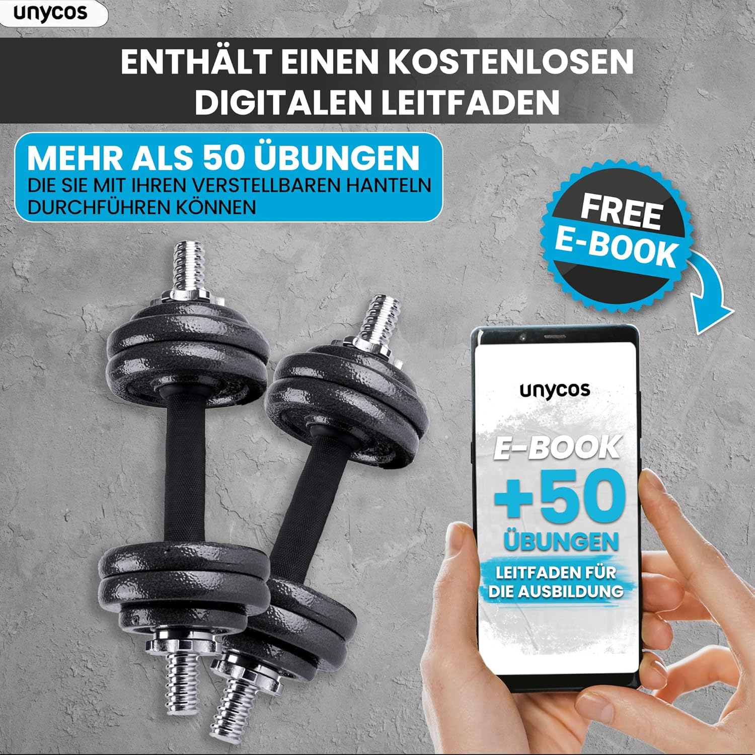 unycos – 2-in-1-Hanteln und Langhantel, verstellbar (15–50 kg), mit Übungs-E-Book, Gewichtsset mit Verbindungsstange und Eisenplatten, Aufbewahrungskoffer, Heim-Fitnessstudio (Eisentransformator) – Bild 7