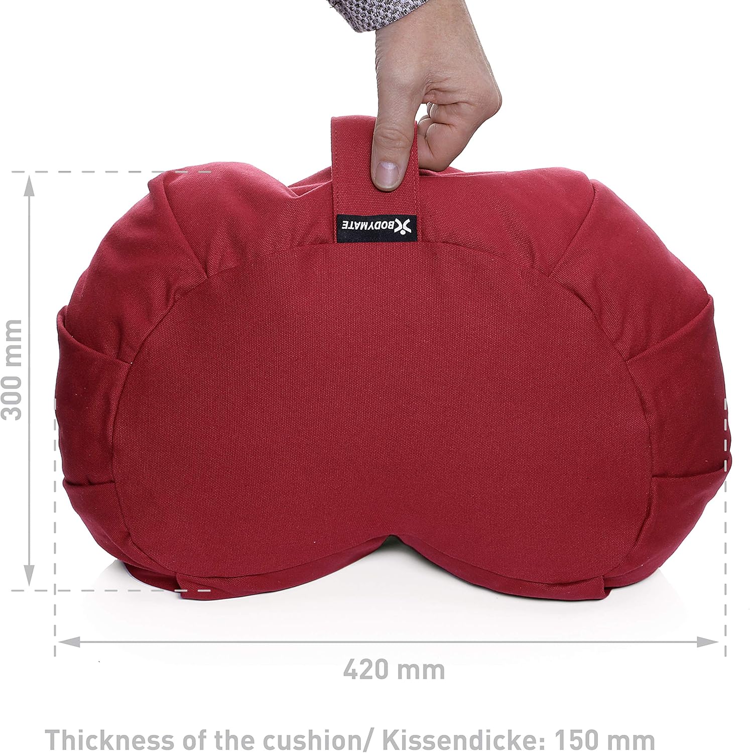 BODYMATE Halbmond-Yogakissen 42 cm lang, 30 cm breit und 15 cm hoch mit Buchweizenschalenfüllung – maschinenwaschbarer Bezug aus 100 % extra dicker Baumwolle – Meditationskissen – Sitzkissen – Bild 3
