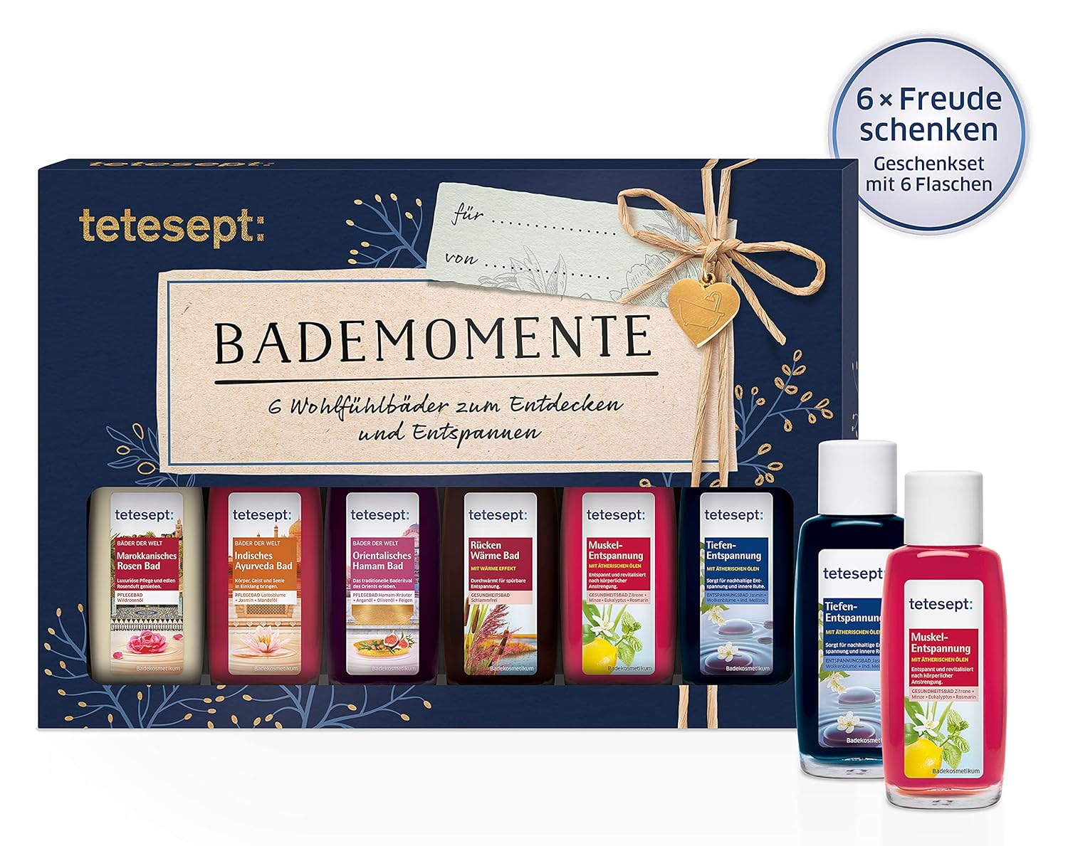Tetesept Bäder Geschenkset Verwöhnmomente, Badeessenz Probierset mit Geschenkanhänger, das ideale Geschenk für jeden Anlass, 1 x Badeset (6 x 20 ml) – Bild 5