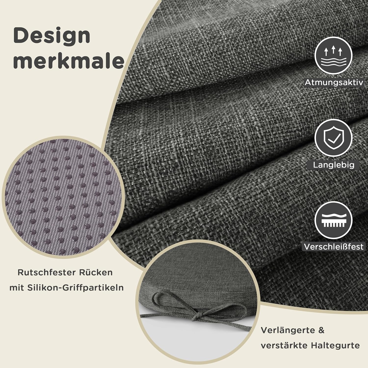 AddGrace 4er-Set Stuhlkissen für Metallstühle, 35 x 35 cm große Sitzkissen mit Bändern, rutschfeste, dicke Sitzpolster mit strukturiertem & abnehmbarem Bezug, Dunkelgrau – Bild 3