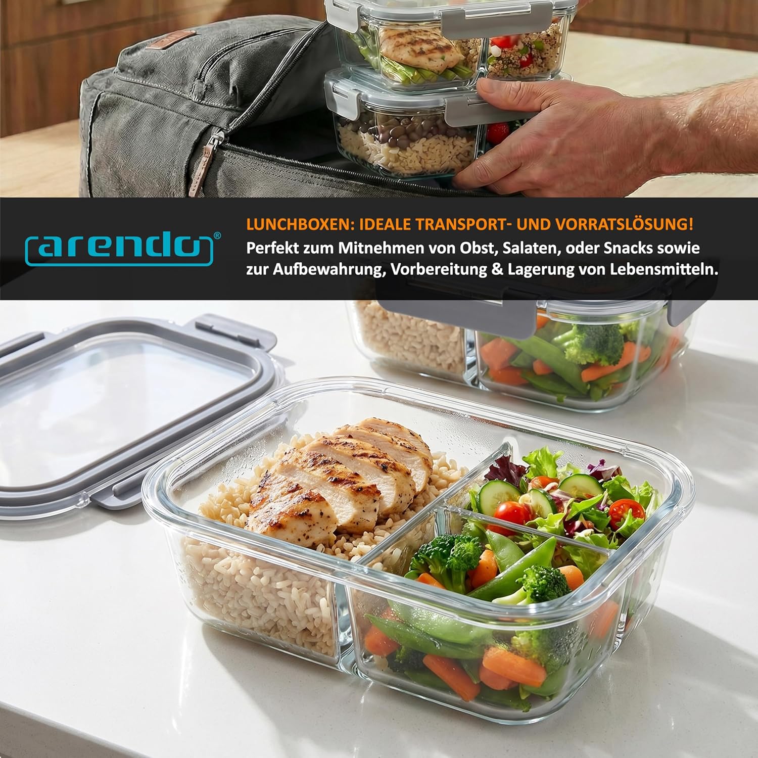 Arendo – Lunchboxen aus Glas – 3 Fächer – Frischhaltedosen mit Deckel, luftdicht – 2er-Set – 1000 ml – für Mikrowelle, Backofen, Gefrierschrank – spülmaschinenfest – Vorratsgläser für die Zubereitung von Mahlzeiten – Bild 7