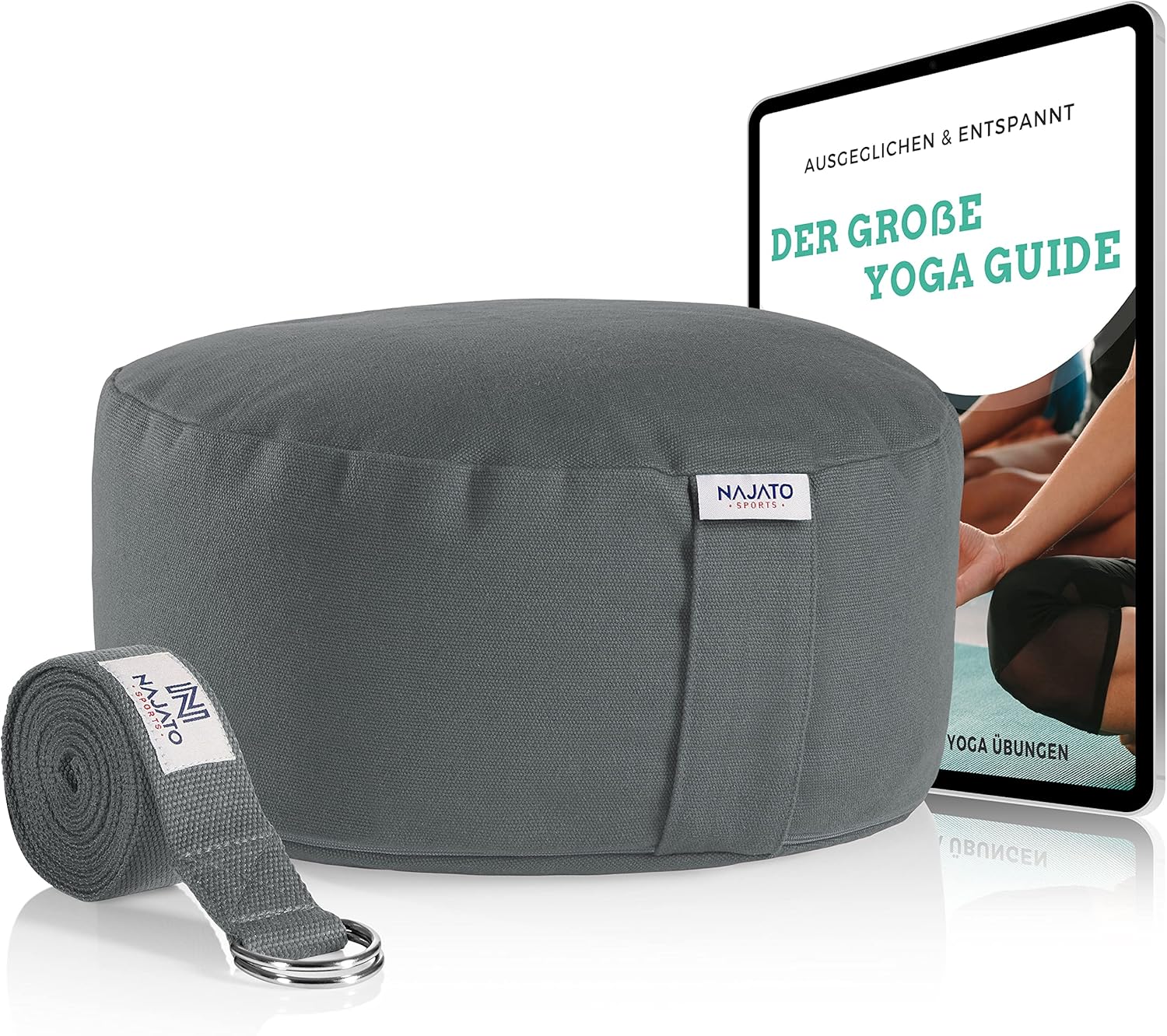 NAJATO Sports Meditationskissen – mit Yogagurt und E-Book – Yogakissen mit Buchweizenschalenfüllung – rundes Yogakissen mit waschbarem Baumwollbezug, grau