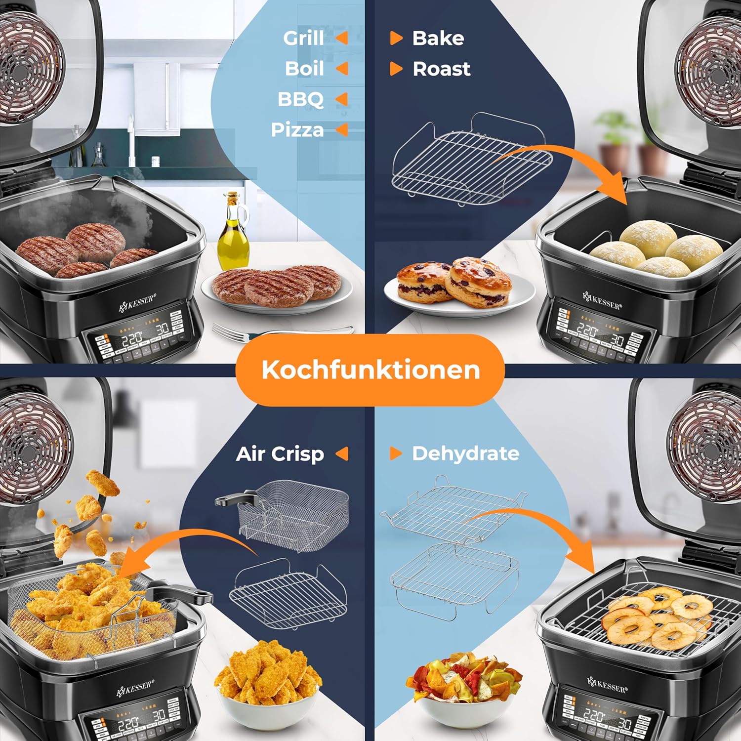 KESSER Multikocher mit Heißluftfritteuse 8 L & 16 Programme Küchengerät – Grillen, Backen, Dünsten, Vorheizen & Warmhalten Funktion, Reiskocher, Schongarer, Joghurtbereiter – Bild 6