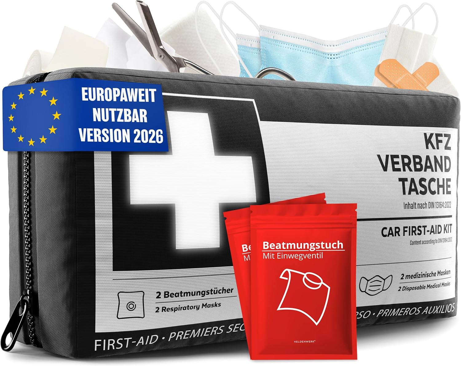 KFZ-Verbandstasche nach aktueller Norm 2026 inkl. Lüftungstücher – KFZ-Verbandkasten europaweit einsetzbar – Verbandskasten DIN 13164:2022 (StVO konform)