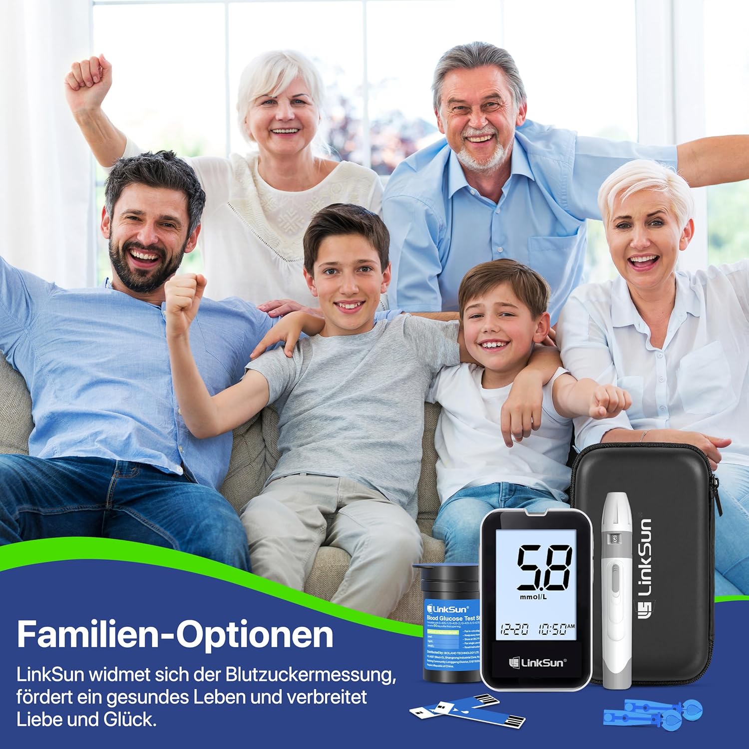 LinkSun G-425-2V Blutzuckermessgerät-Set, 100 Teststreifen, 100 Lanzetten, Blutzuckermessgerät, Stechhilfe, mmol/L & mg/dL – Bild 7