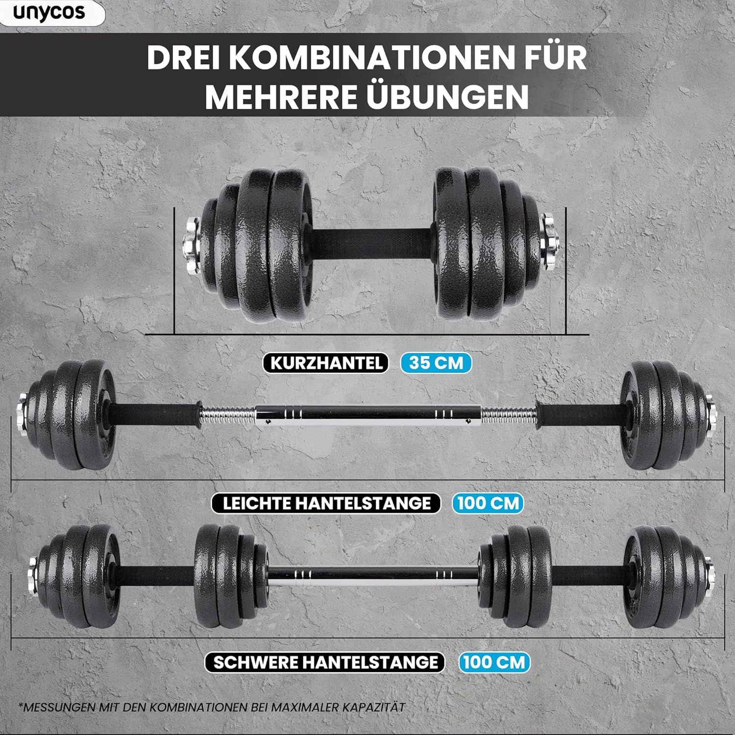 unycos – 2-in-1-Hanteln und Langhantel, verstellbar (15–50 kg), mit Übungs-E-Book, Gewichtsset mit Verbindungsstange und Eisenplatten, Aufbewahrungskoffer, Heim-Fitnessstudio (Eisentransformator) – Bild 8