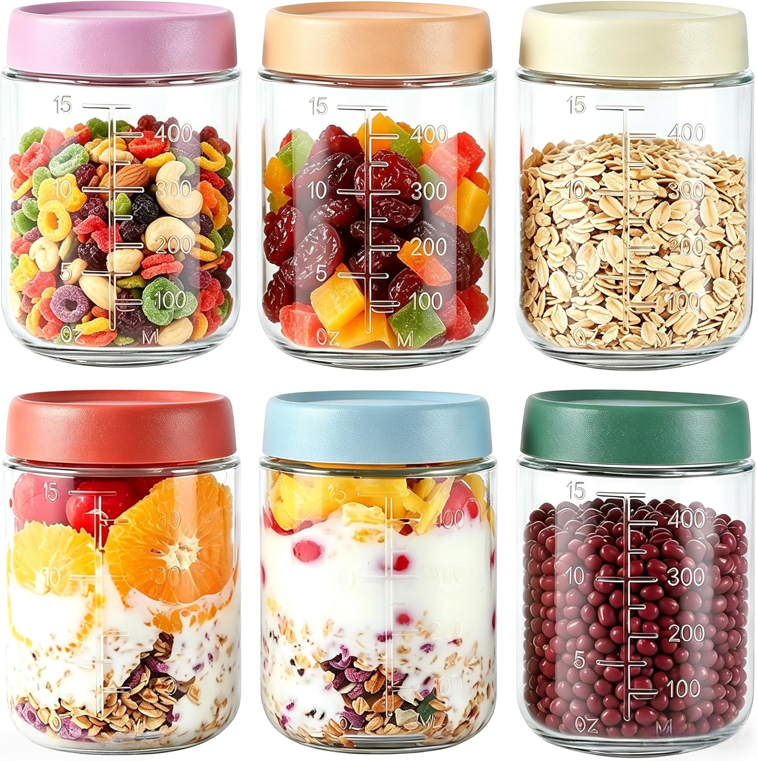 6er-Pack Overnight-Oats-Gläser, 500 ml, Meal-Prep-Behälter aus Glas mit Messskala, luftdicht & auslaufsicher, spülmaschinenfest, für Frühstücksjoghurt