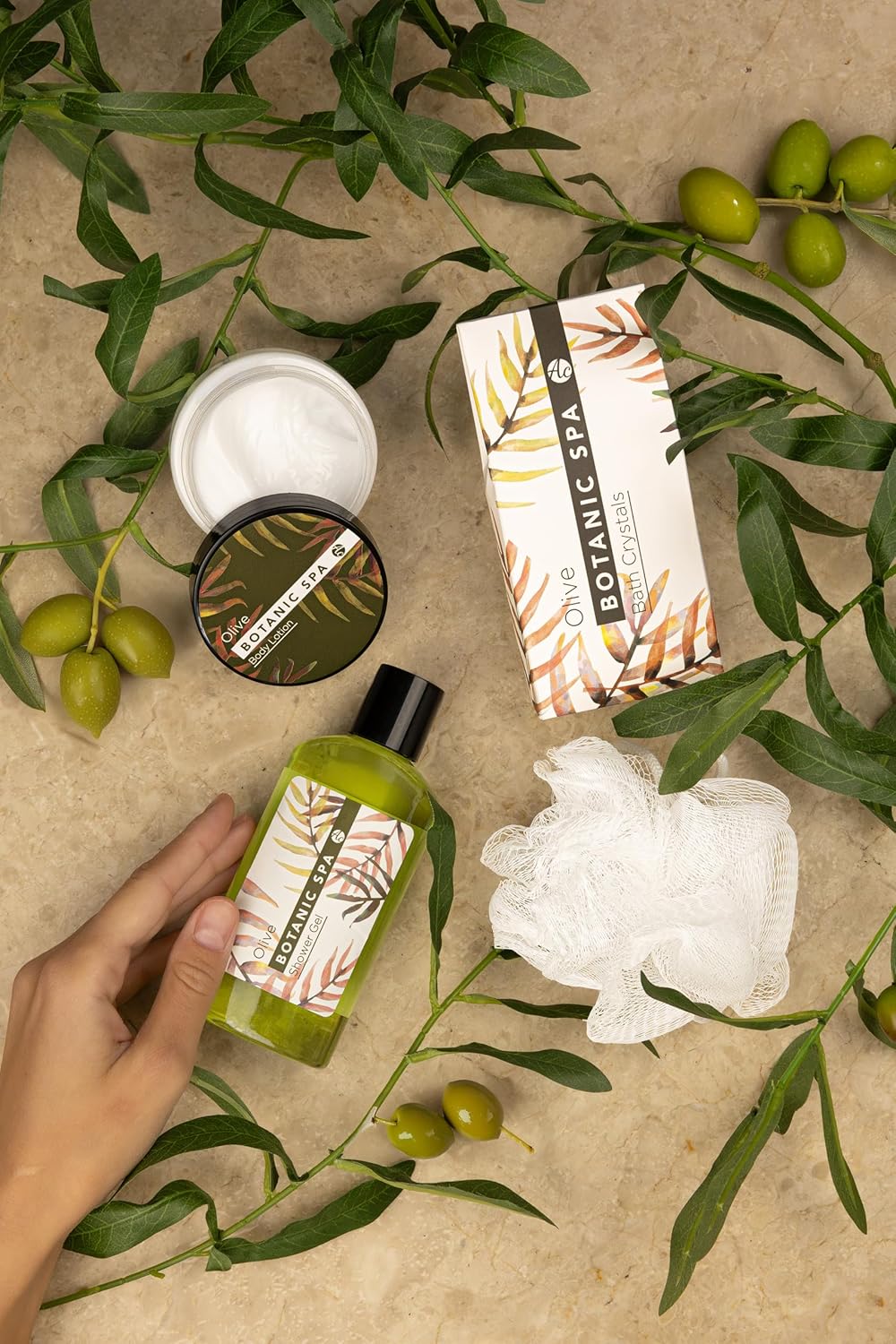 Accentra Olive Spa Badeset, Pflegeset für Damen mit 150 ml Duschgel, 60 ml Körperlotion, 150 g Badesalz und 10 g Netzschwamm im Seegraskorb, Wellness-Geschenkset für Geburtstag und Muttertag – Bild 12