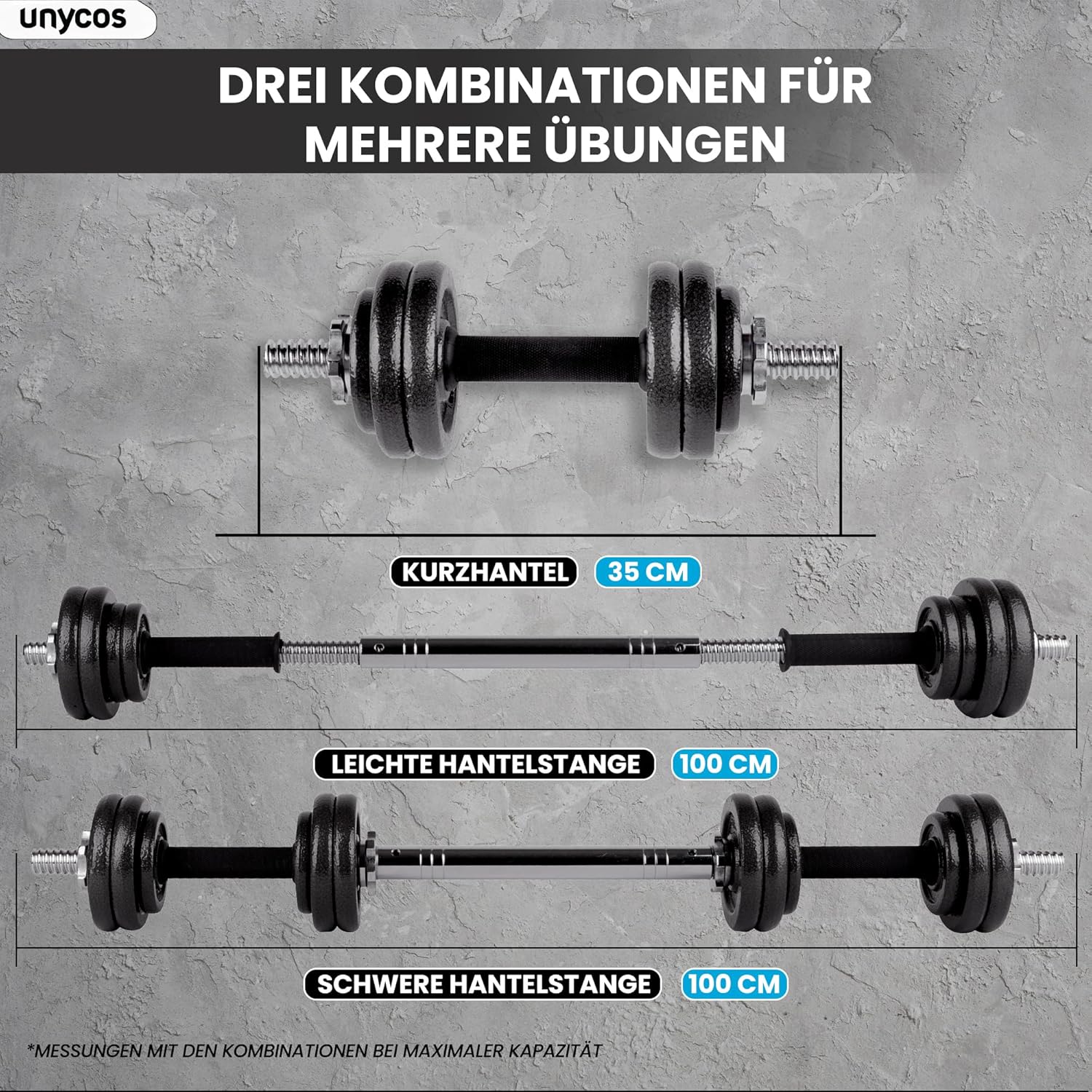unycos – 2-in-1-Hanteln und Langhantel, verstellbar (15–50 kg), mit Übungs-E-Book, Gewichtsset mit Verbindungsstange und Eisenplatten, Aufbewahrungskoffer, Heim-Fitnessstudio (Eisentransformator) – Bild 8