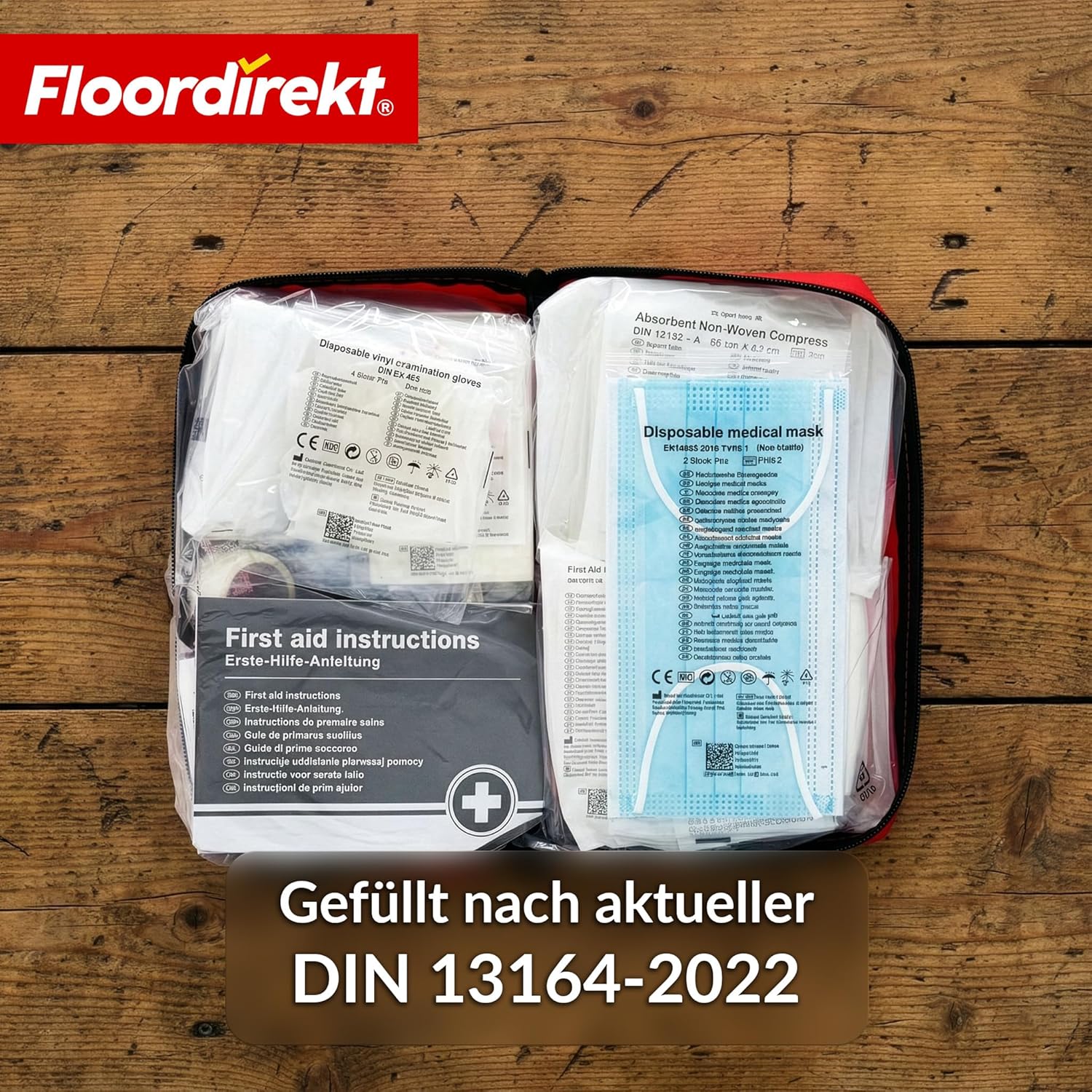 Floordirekt Auto-Verbandstasche mit 2 Masken – Verbandstasche nach DIN 13164 – europaweit gültig – Verbandskasten-Set für Auto und Motorrad (Auto-Verbandstasche) – Bild 3