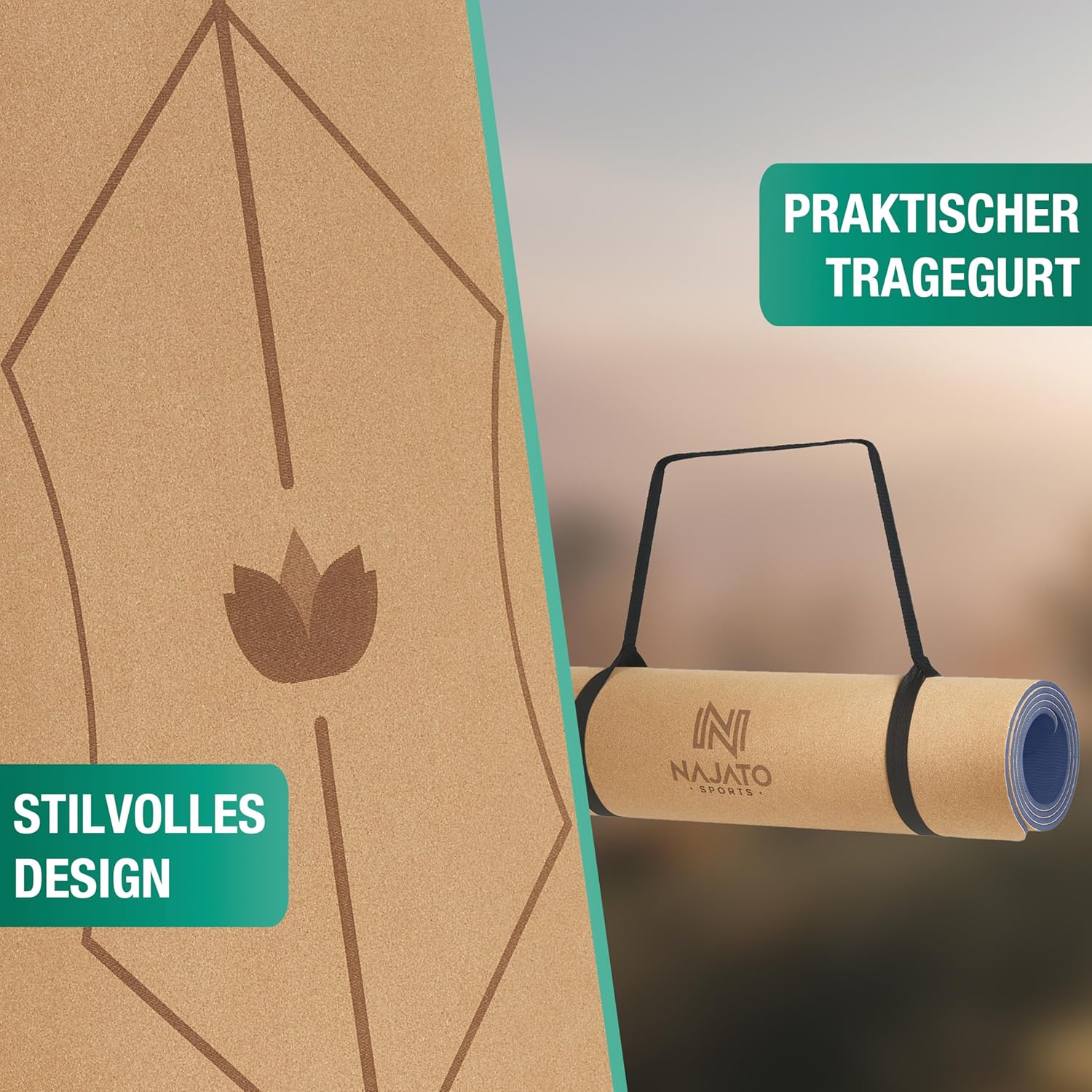 Najato Sports Yogamatte aus Kork – Rutschfeste Yogamatte aus Kork mit Yogagurt, Tragegurt und E-Book – Yogamatte aus Kork 183 x 65 x 0,6 cm – Nachhaltige Yogamatte aus Kork – Bild 5
