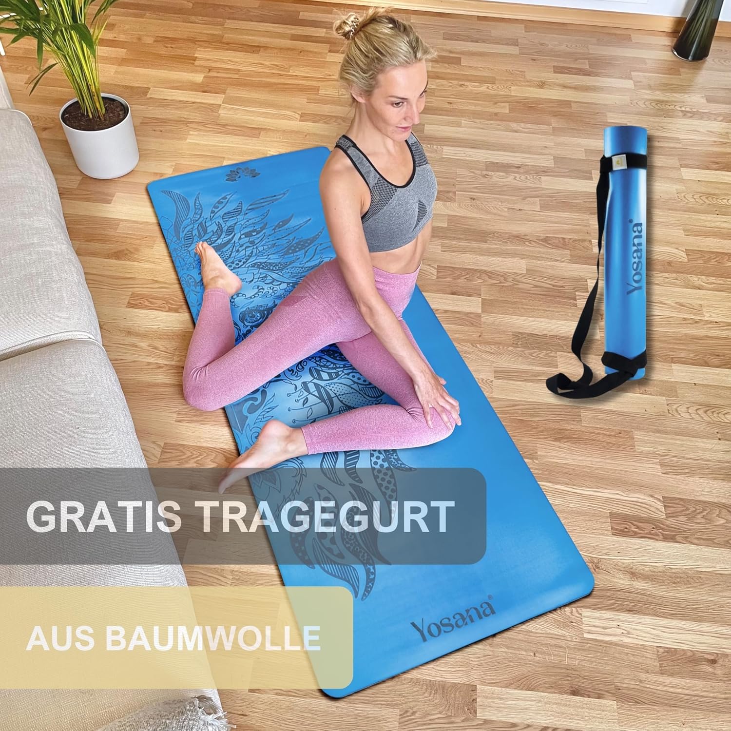 Yosana Yogamatte aus Naturkautschuk | Extrem rutschfest | Ultra-Grip-Oberfläche aus Eco PU | Extra breit 68 cm | Inklusive Tragegurt | Yogamatte 183 x 68 cm | 4 mm dünn – Bild 6