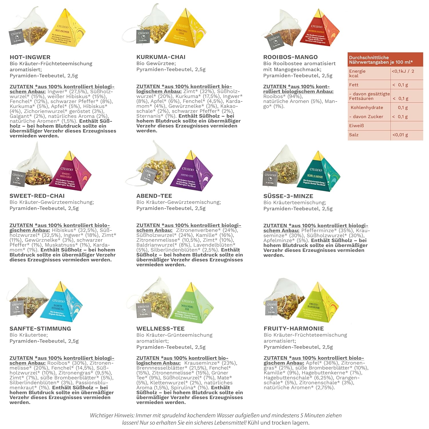 Creano Premium Bio-Kräutertee-Geschenkset „Bio-Kräutertee“ – 9 Pyramidenteebeutel in 9 verschiedenen Sorten – 22,5 g – 2024 – Bild 3