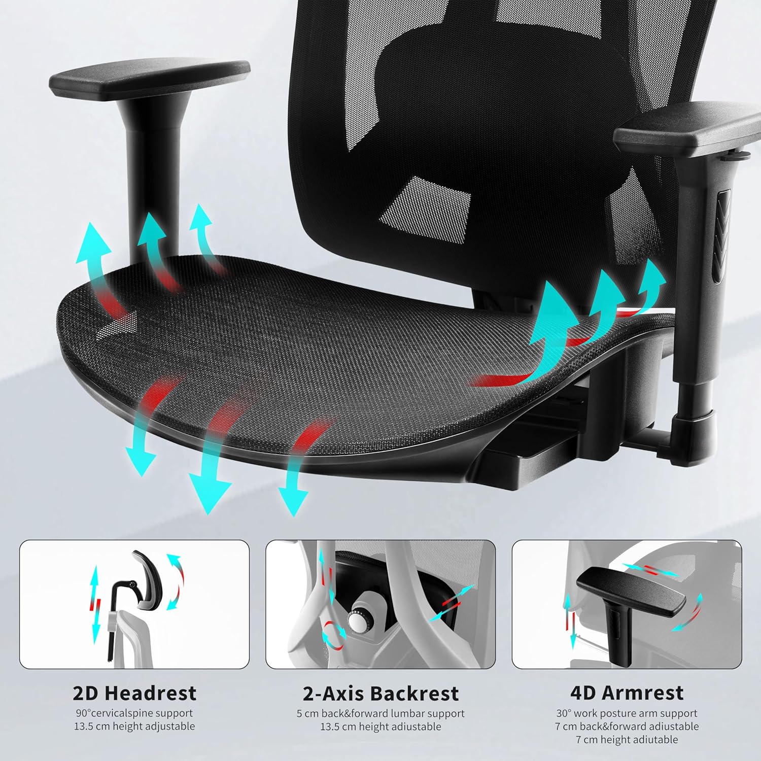 Bürostuhl Ergonomischer Schreibtischstuhl mit 2-Achsen-verstellbarer Lordosenstütze, Chefsessel aus Carbon-Netzgewebe, Computerstuhl-Rückenlehne, hoher Wasserfallsitz, 150 kg Tragkraft – Bild 6