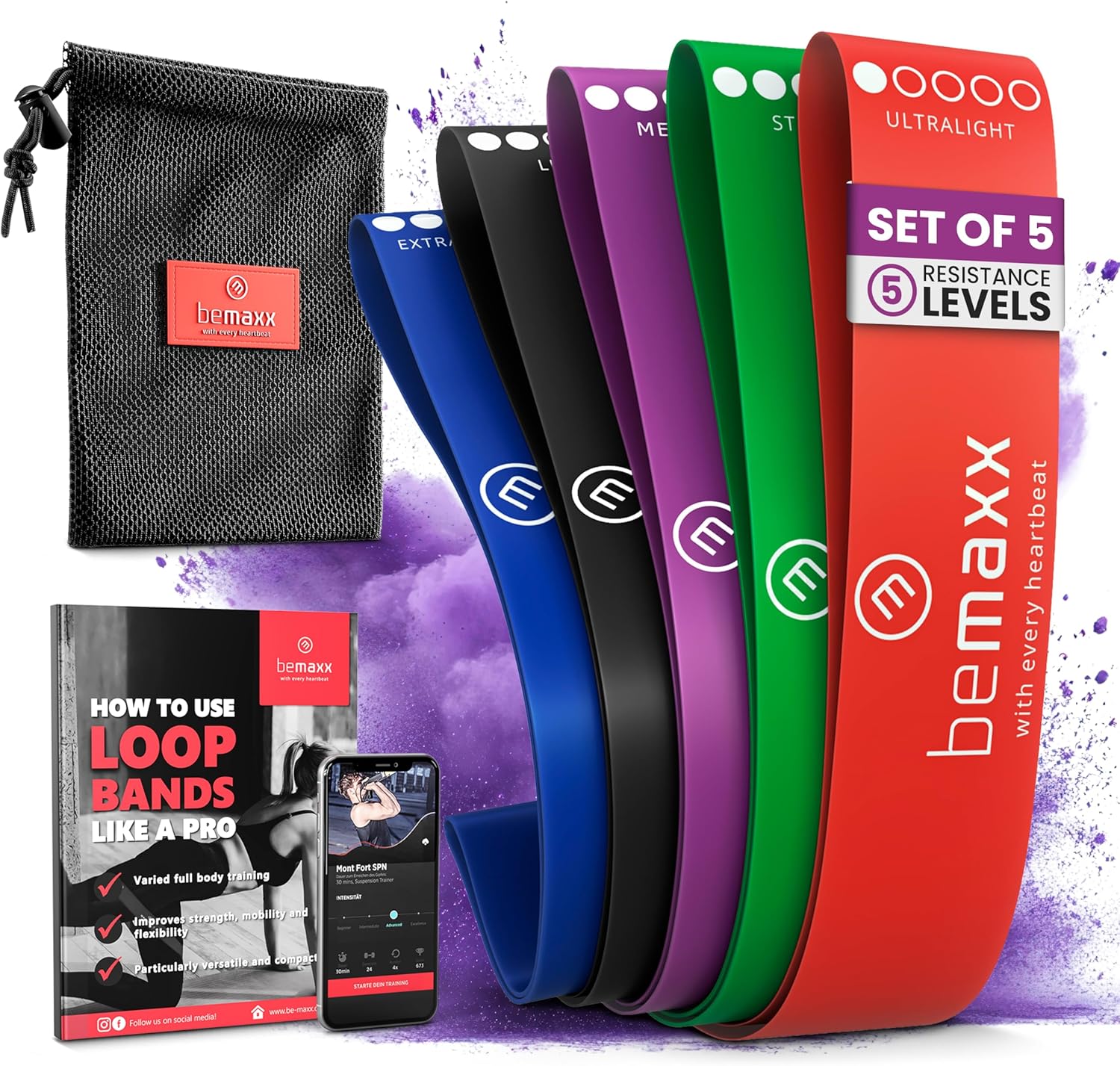 Fitnessband-Set, Latex-/Stoffschlaufen-Widerstandsbänder mit Trainings-eBook (Englisch nicht garantiert), Übungsband, Fitness-Sport-Workout, Krafttrainingsband, elastisches Trainingsband, Miniband, Crossfit, Yoga