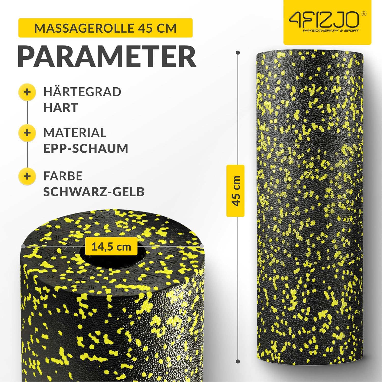4FIZJO Faszienrolle Schaumstoff, Durchmesser 14,5 cm, Länge 45 cm, Massagerolle, Rückenrolle, Fitnessrolle, leicht, hart, Schaumstoffrolle, Faszientraining, Massagetraining, Schwarz/Gelb – Bild 4
