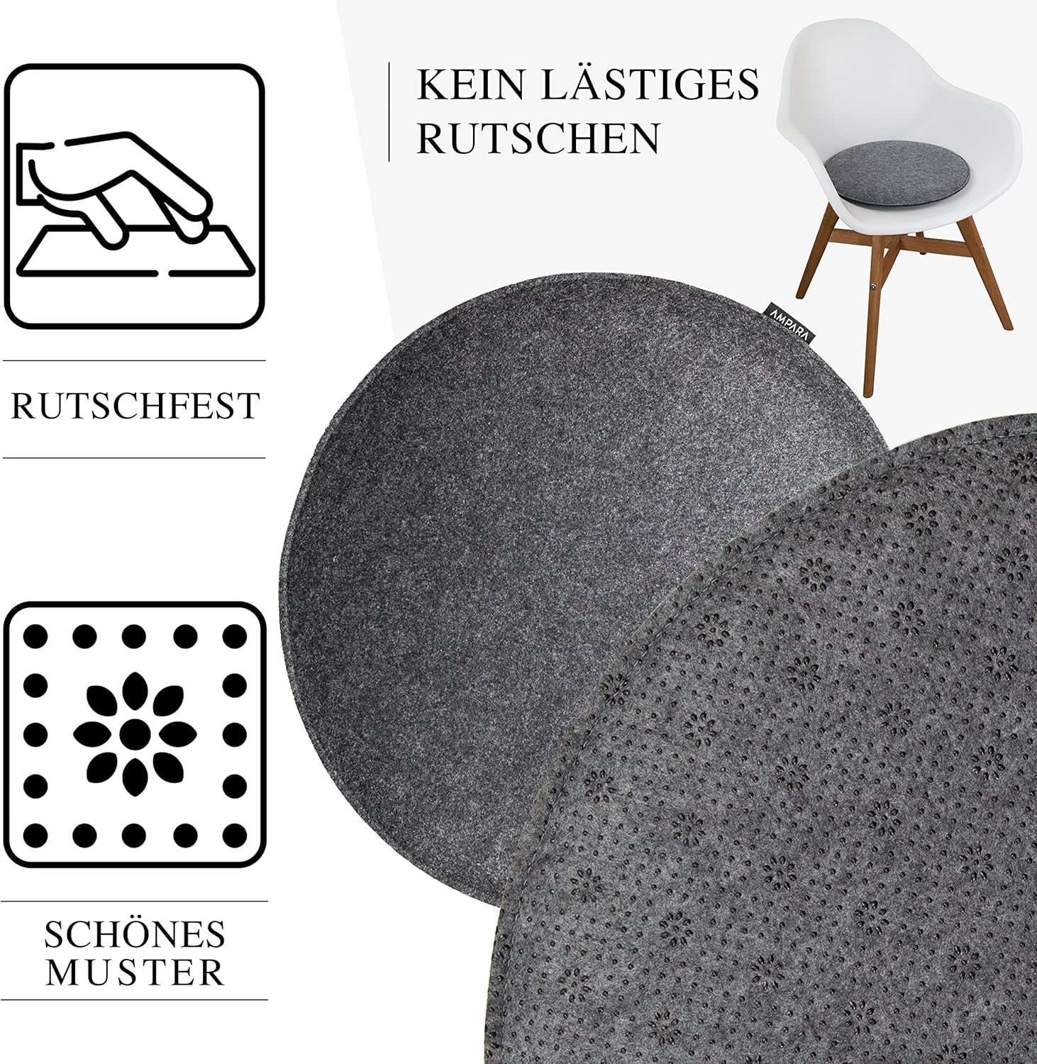 Set mit 4 eleganten Stuhlkissen, rund, aus grauem Filz, rutschfest, dick, 40 cm, Grau (hellgrau), 40 x 40 – Bild 3