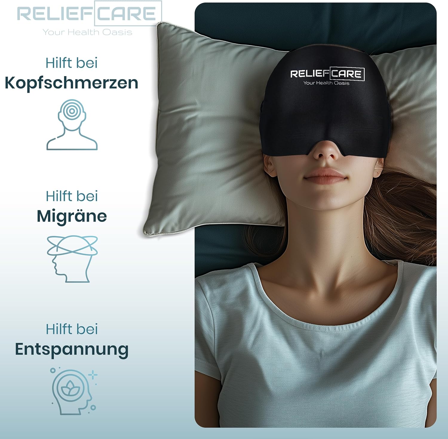 RELIEF CARE Migränemaske, Kühlmaske, 360°-Gel-Entlastungshut, Kühlkappe und Schlafmaske – zur Linderung von Migräne, Kopfschmerzen, Druck, geschwollenen Augen, Kühlhut, Entspannung und Wohlbefinden – Bild 9