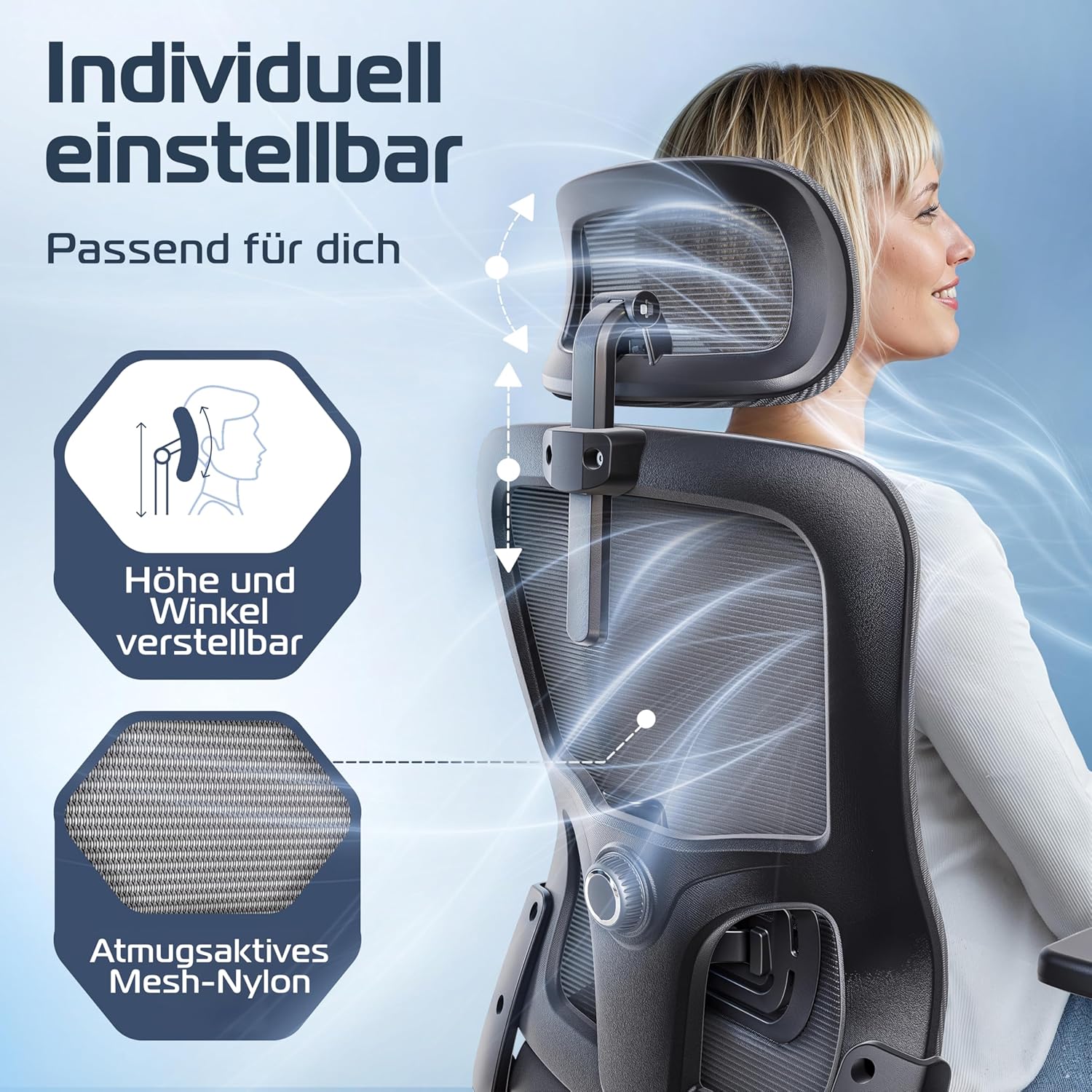 CLOUVOU BrightSeat Ergonomischer Bürostuhl (Testsieger), Schreibtischstuhl, 100 % individuell verstellbar, Bürostuhl und Gaming-Stuhl, Computerstuhl, Home-Office-Stuhl, ergonomischer Drehstuhl, 150 kg – Bild 5