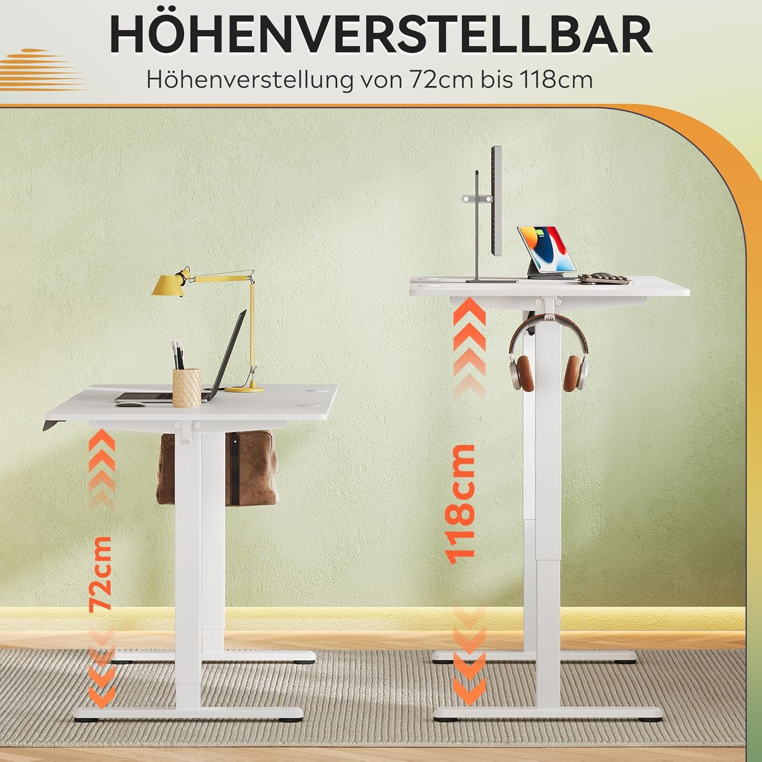 DEVAISE Höhenverstellbarer Schreibtisch 140 x 70 cm, mit einteiliger Tischplatte und leisem Motor, Sitz-Steh-Schreibtisch mit Memory-Funktion für 3 Höhen, ergonomischer Computertisch fürs Büro, weiß – Bild 6
