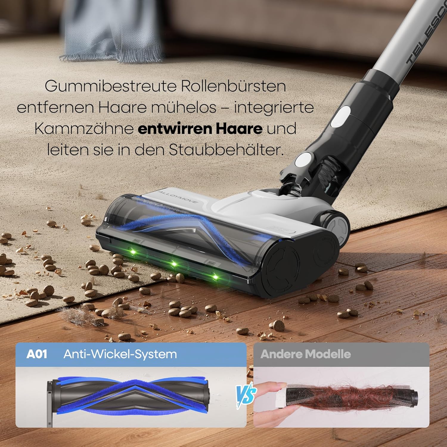 AlloyMove Akku Staubsauger 50000Pa/550W/70Min, 1.5L Staubsauger Kabellos mit Anti-Tangle-Bürste und Wandladestation, 7-Schicht-Filtersystem Super Leise für Tierhaare/Teppiche/Hartböden/Auto A01 – Bild 7