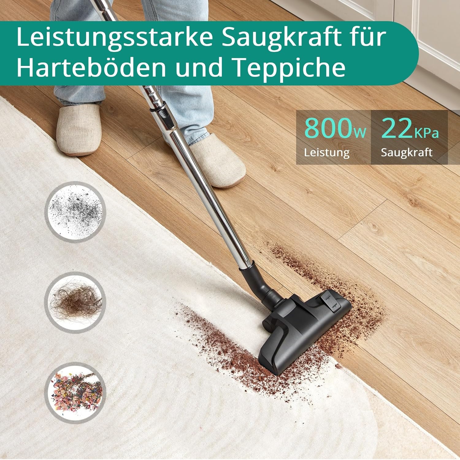 Eureka Apollo Beutelloser Staubsauger, leichter Zylinderstaubsauger mit Einzelzyklonsystem, 800-W-Leistungseffizienzmotor, 2,2-Liter-Staubbehälter, für Teppiche und Hartböden, Grün – Bild 2