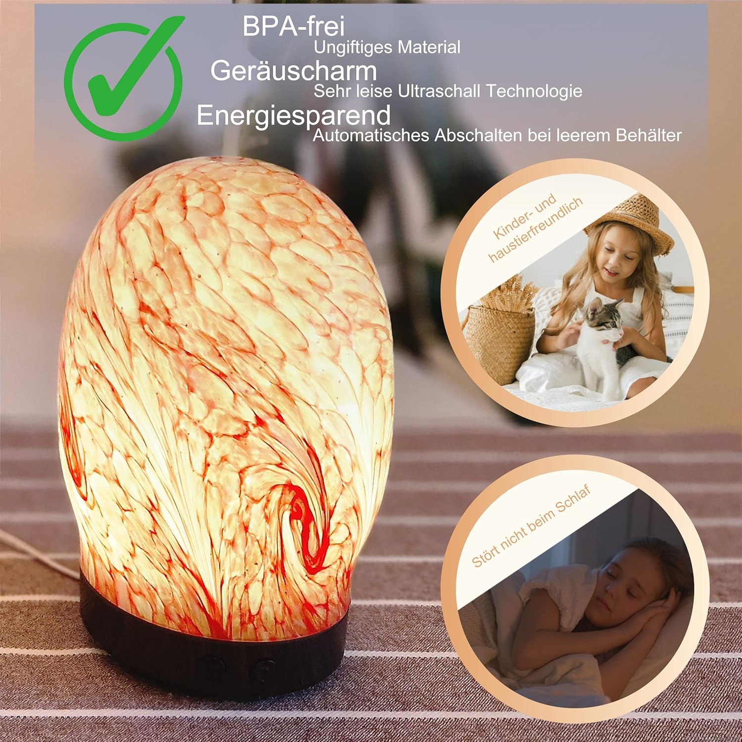 Aromadiffusor Glas 100 ml, leiser Ultraschall, Farbwechsel 7 LED-Farben, Timer & Abschaltautomatik, Ölbrenner mit Planetenmuster, BPA-frei – Bild 4