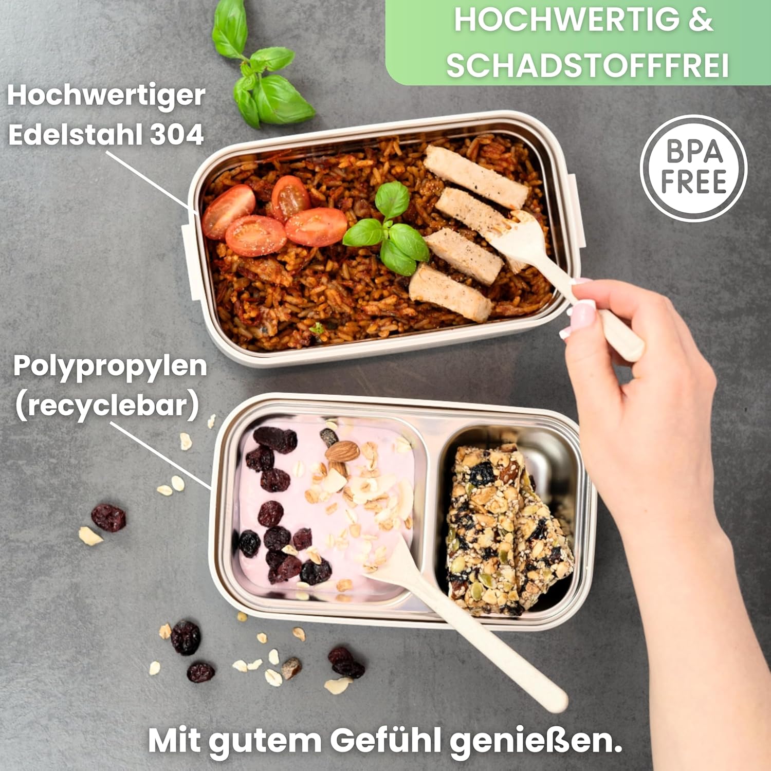 Bento Taylor Lunchbox, 2 Ebenen mit Fächern, Premium-Edelstahl, BPA-freie Lunchbox mit Besteck, ideal für Reisen, Meal Prep Bento Box für Erwachsene, auslaufsicher und mikrowellengeeignet – Bild 4