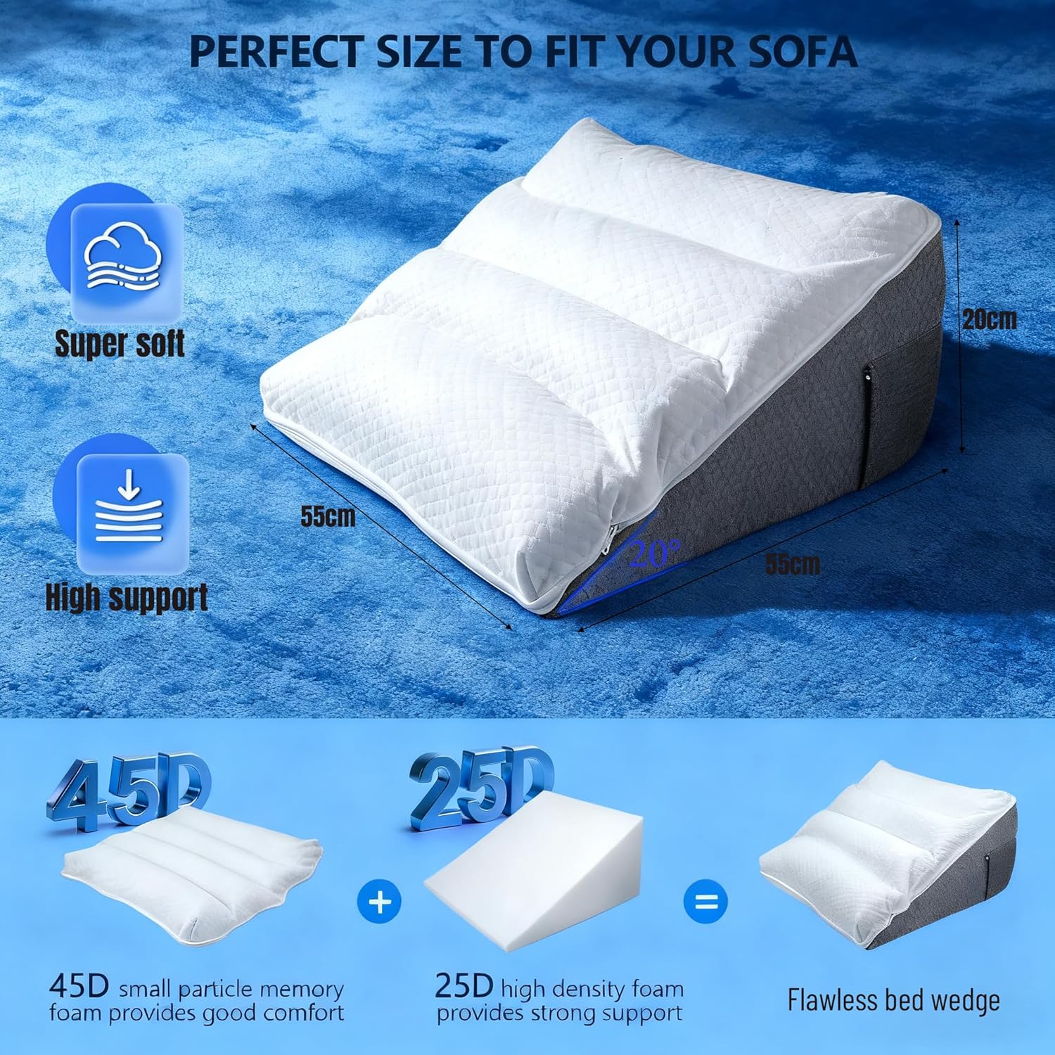 Keilkissen für Bett und Sofa, doppeltes Lesekissen für Rückenkissen, Betterhöhung, Rückenstützkissen, Lesekissen aus hochdichtem Schaumstoff für Rücken, Beine und Knie beim Spielen (unabhängig) – Bild 2