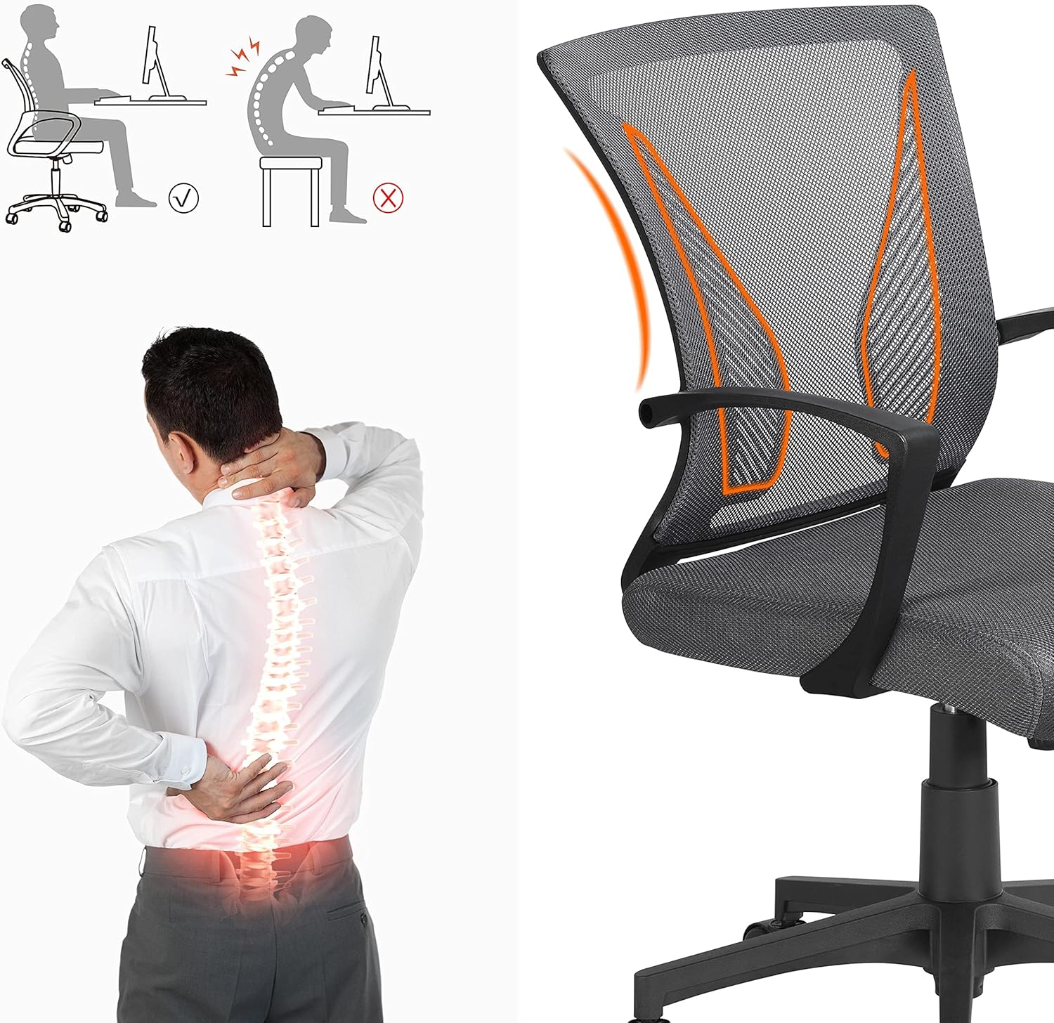Yaheetech Ergonomischer Bürostuhl, Schreibtischstuhl mit Netzbezug, Arbeitsstuhl mit Armlehnen, Netz-Chefsessel, höhenverstellbarer Computerstuhl, Belastbarkeit 136 kg, atmungsaktiv, Wippfunktion, dunkel – Bild 6