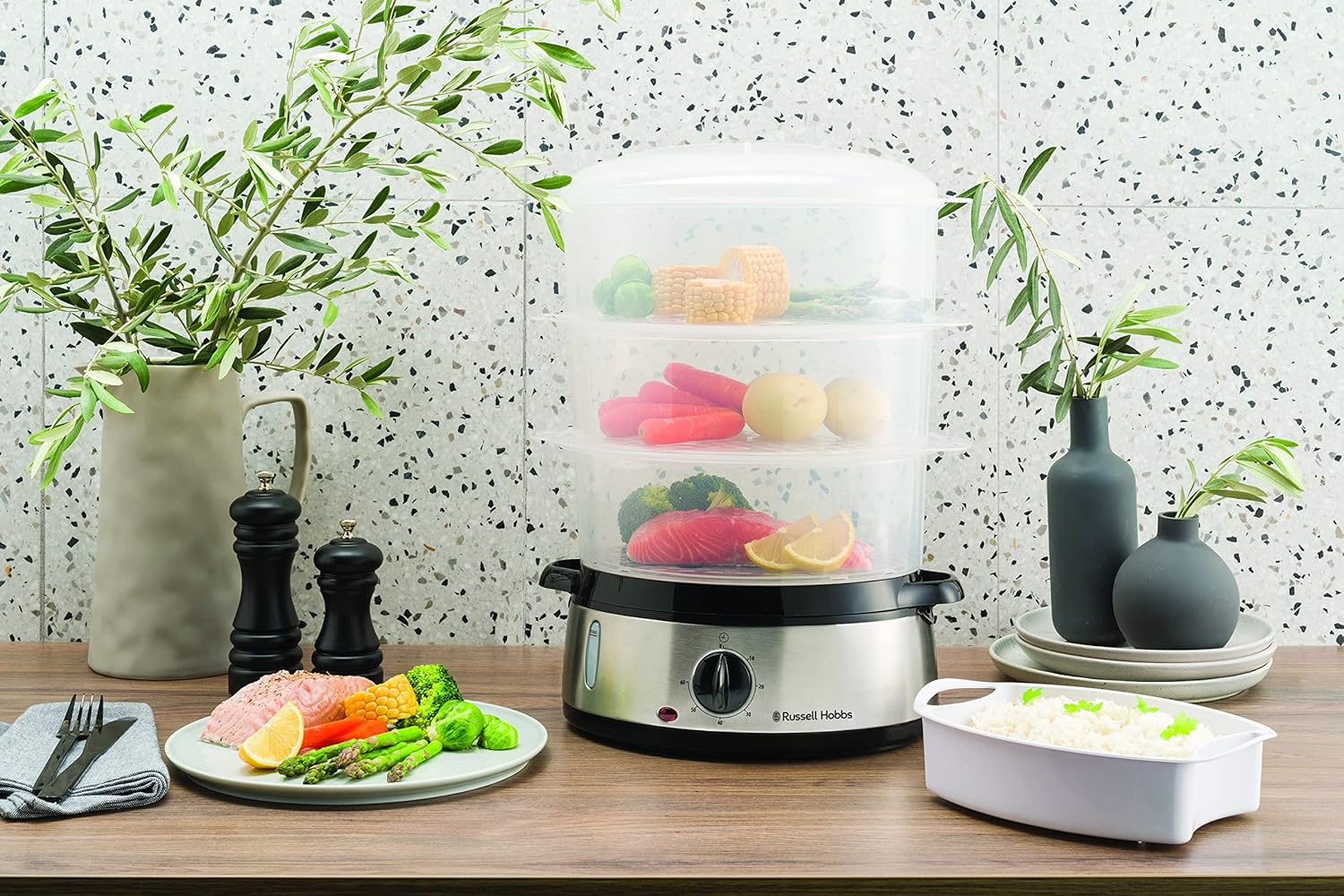 Russell Hobbs Dampfbackofen 9,0l (60-Minuten-Timer + Abschaltautomatik), 3 spülmaschinenfeste Dampfbehälter + Reisschüssel + 6 Eierhalter, BPA-frei, Dampfgarer Cook@Home 19270-56 – Bild 2