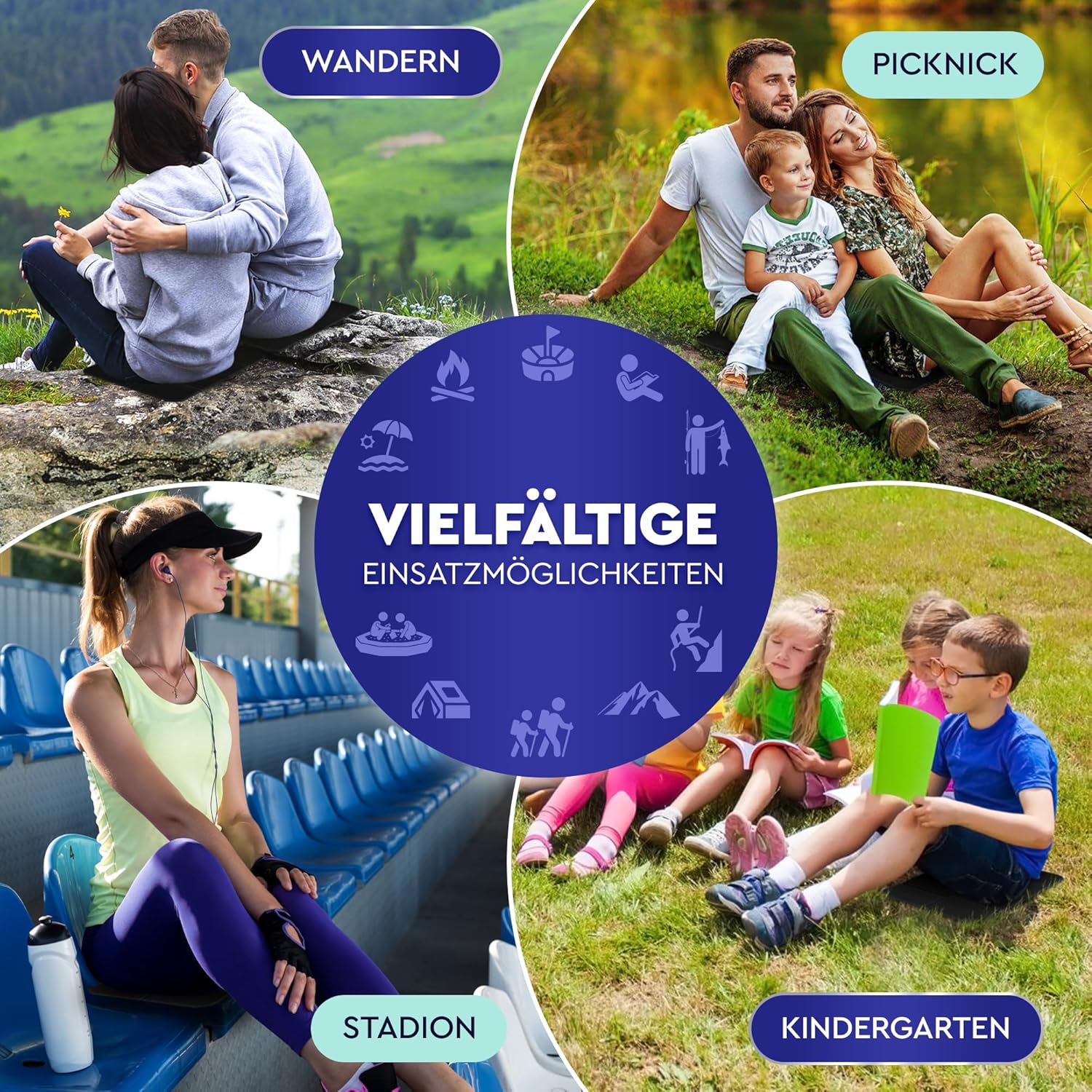2er-Set Sitzmatten/Faltbares, isoliertes Thermo-Sitzkissen mit Tragetasche und Karabinerhaken zur idealen Befestigung am Rucksack, maximaler Schutz vor Kälte, Feuchtigkeit und Schmutz + Outdoor-E-Book – Bild 7