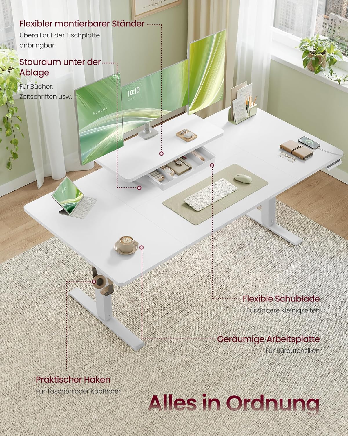 VASAGLE höhenverstellbarer Schreibtisch, 140 x 70 cm, flexible Halterung, Monitorständer, Schublade, USB-C-Anschluss, sitzende Erinnerung, Office Cloud, Weiß LSD154WB01 – Bild 5