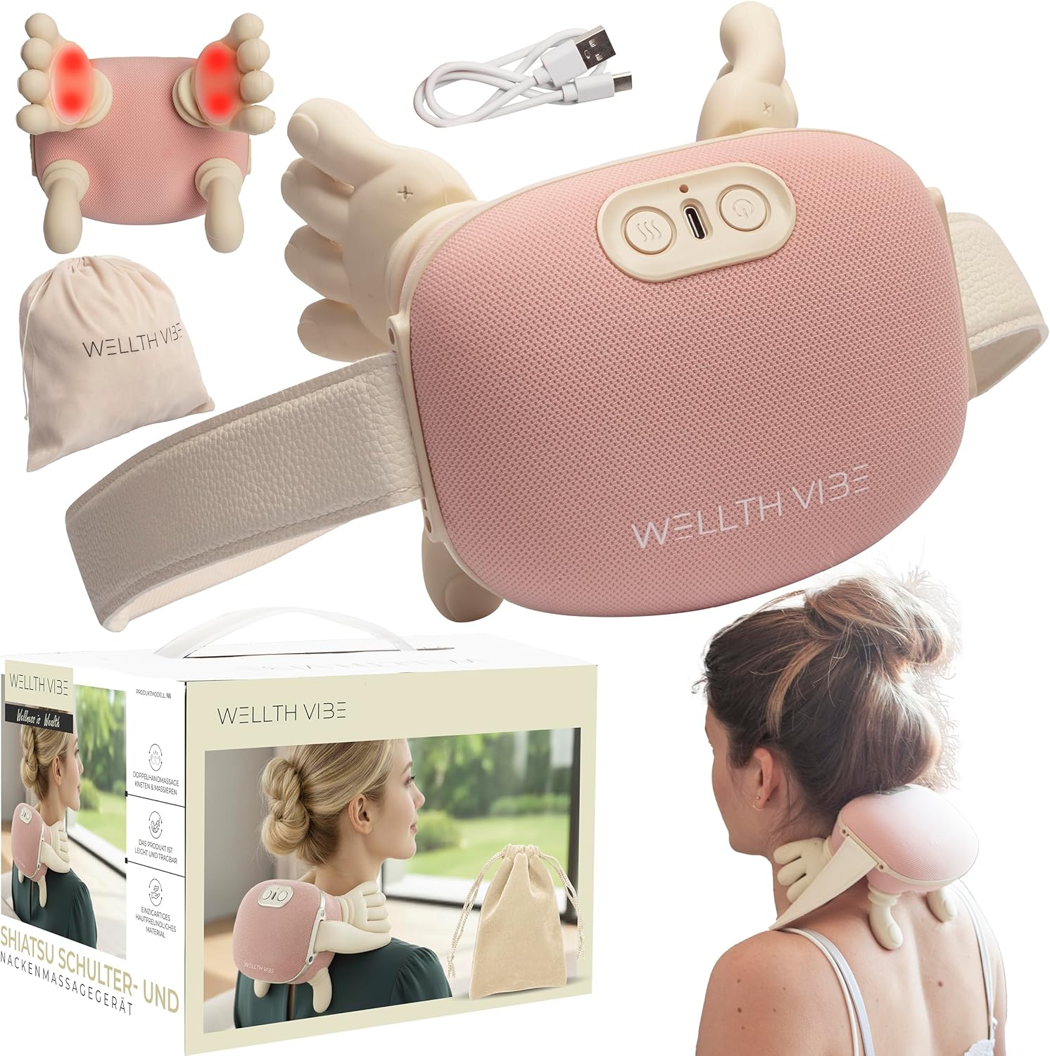 Nackenmassagegerät mit Wärme, Shiatsu-Massagegerät für Nacken, Schulter und Rücken, 4D-Tiefenmassage wie echte Hände, kabellos elektrisch, 3 Intensitätsstufen, tragbar für Zuhause, Büro, Auto – WELLTH VIBE – Bild 2