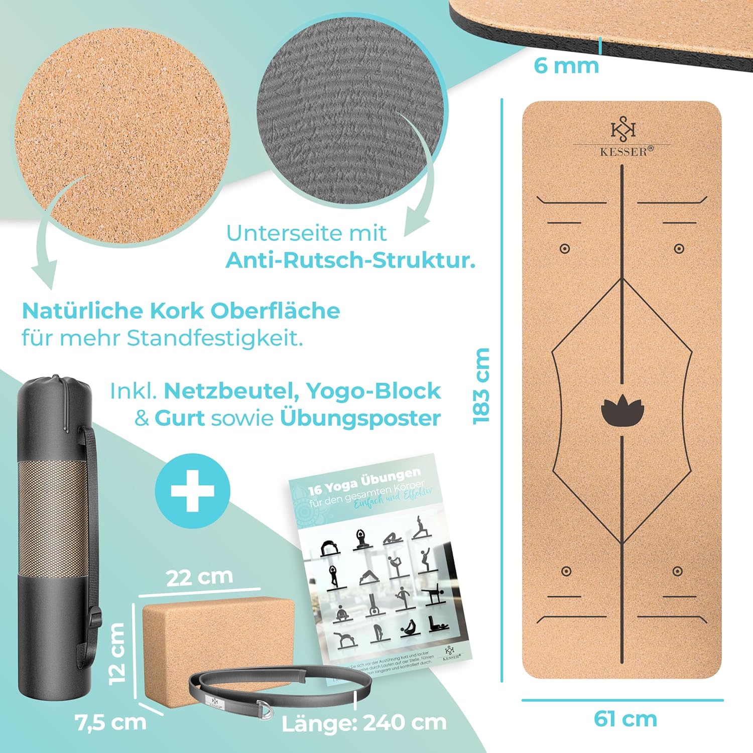 KESSER® Yogamatte aus Kork mit Tragegurttasche & Yogablock, Gymnastikmatte, Yogamatte, rutschfest, Naturkautschuk, TPE-Fitnessmatte, 183 x 62 cm, Trainingsmatte für Fitness, Sportmatte, Gymnastik, extra dick – Bild 7