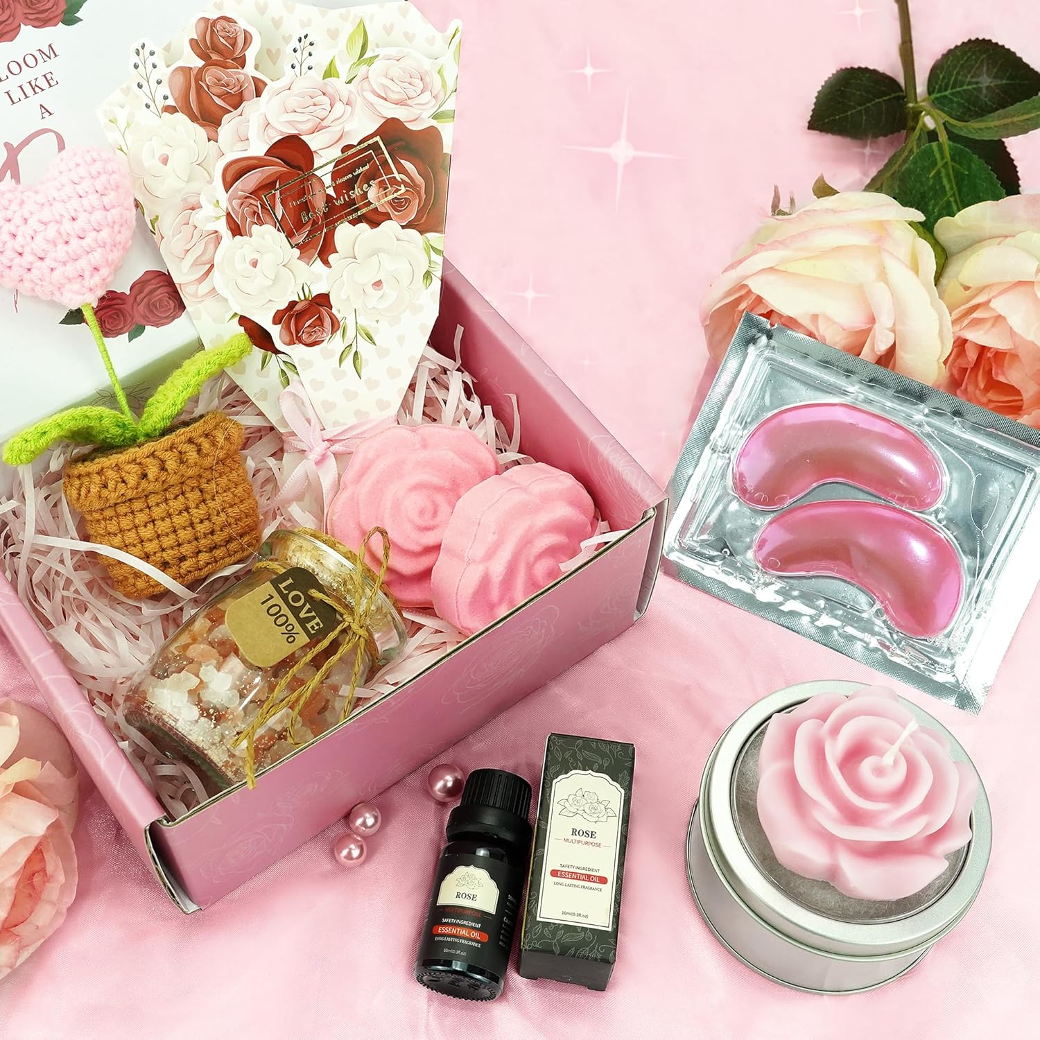 Spa-Geschenkset für Damen – Entspannungsset mit Rosenöl, Rosen-Duftkerze, Rosen-Badesalz und Überraschungs-Rubbelkarte, Geburtstagsgeschenk für die beste Freundin, Luxus-Geschenkset für Frauen (8-teilig) – Bild 2