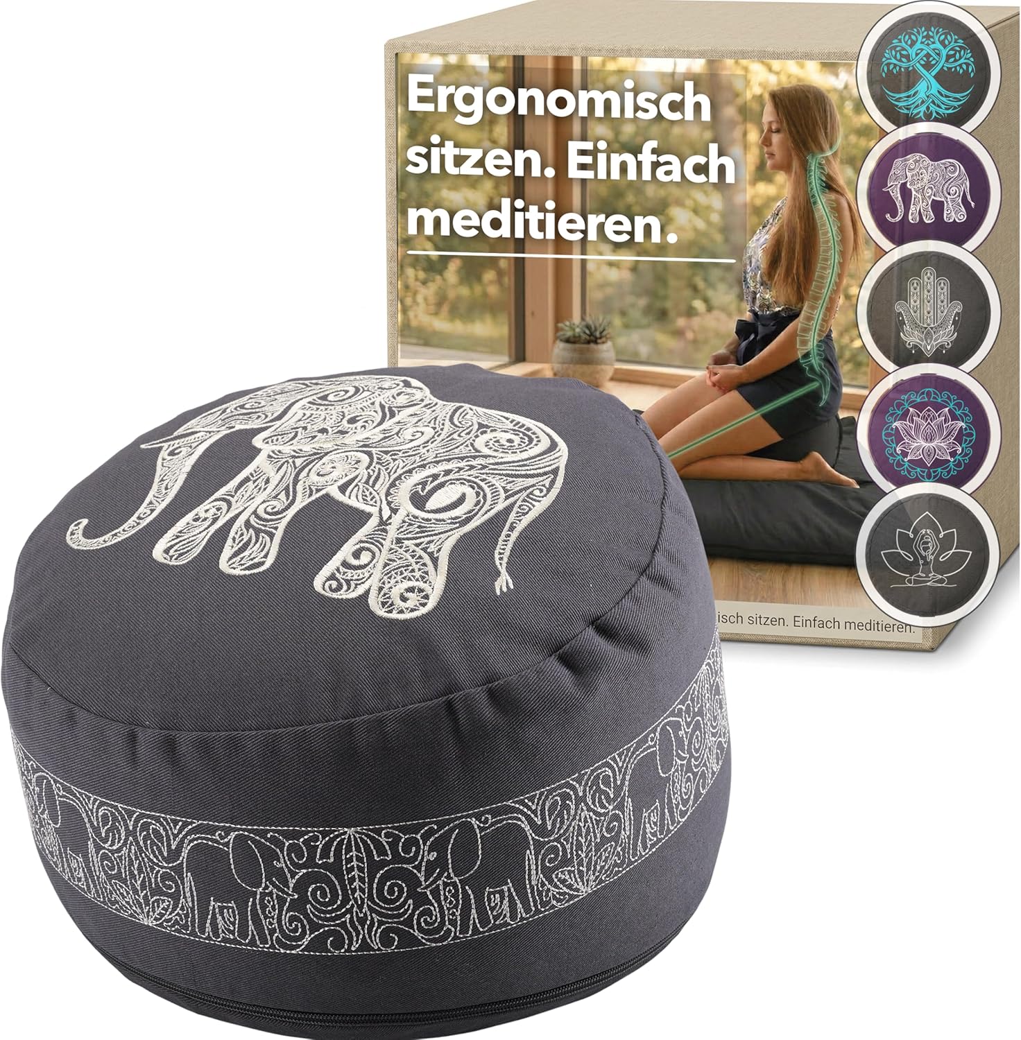 Ergo - Ergonomisches Meditationskissen – Das Yoga Kissen & Yogakissen rund | Yoga Sitzkissen Rund | Bodensitzkissen | Zafu mit Buchweizenschalen | Meditationskissen Elefant Anthrazit