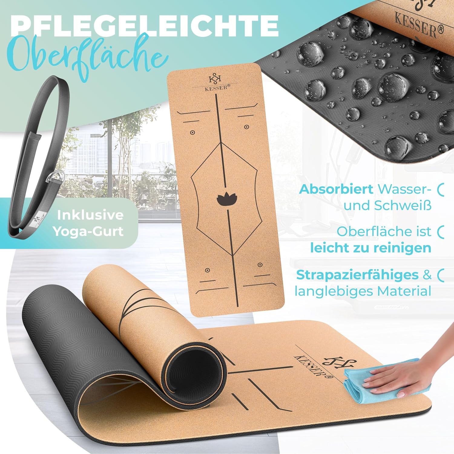 KESSER® Yogamatte aus Kork mit Tragegurttasche & Yogablock, Gymnastikmatte, Yogamatte, rutschfest, Naturkautschuk, TPE-Fitnessmatte, 183 x 62 cm, Trainingsmatte für Fitness, Sportmatte, Gymnastik, extra dick – Bild 5