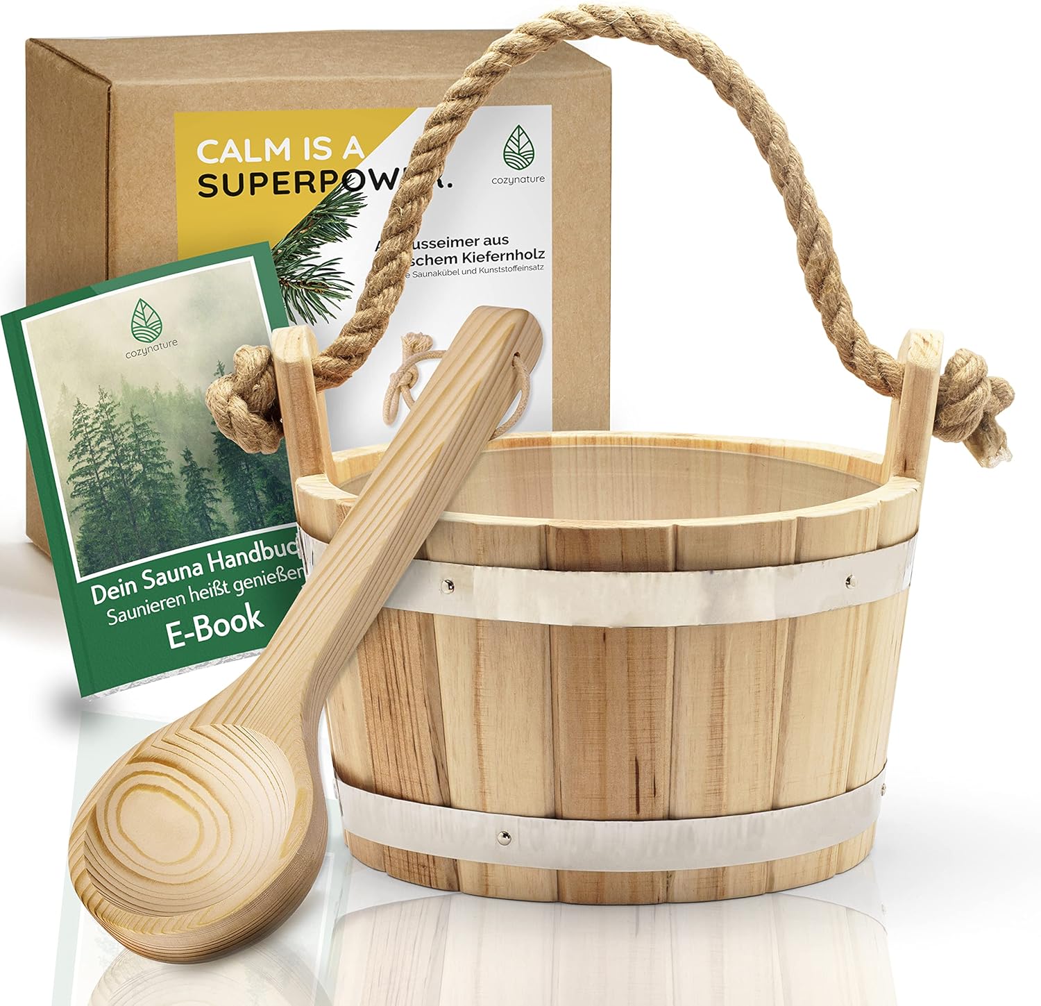 CozyNature® Saunakübel mit Schöpfkelle aus hochwertigem finnischen Kiefernholz, elegante Metallringe, starkes Hanfseil und Kunststoffeinsatz, 100 % handgefertigt, traditionelles Design, 4 Liter, mit E-Book
