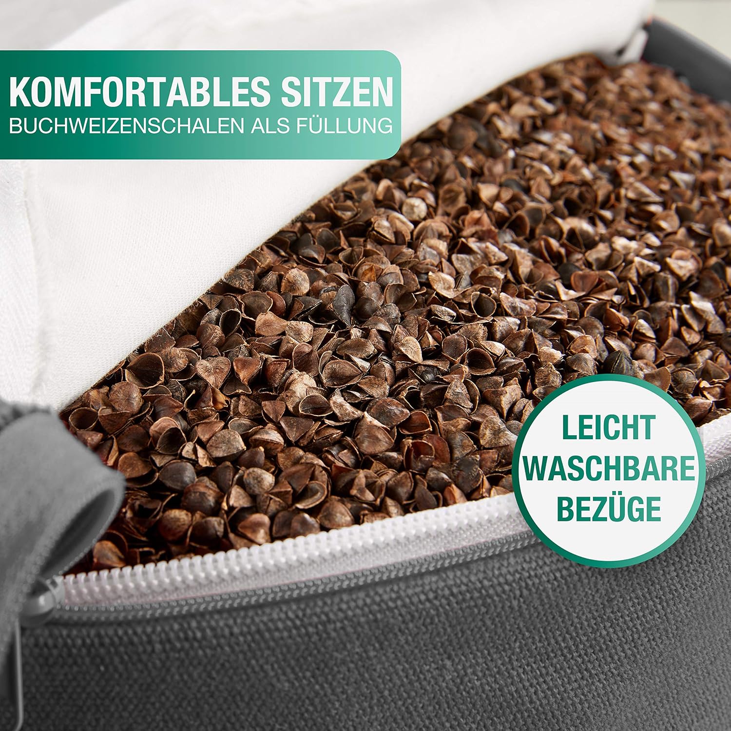 NAJATO Sports Meditationskissen – Yogakissen mit E-Book (PDF-Datei) – Rundes Yogakissen mit Buchweizenschalenfüllung – 30 cm Durchmesser, 14 cm hoch – waschbarer Baumwollbezug (Anthrazit) – Bild 3