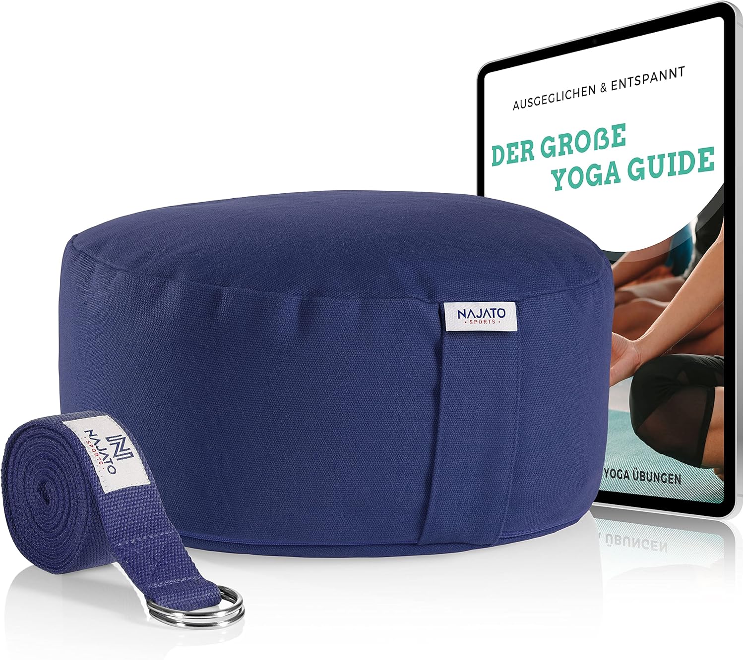 NAJATO Sports Meditationskissen – mit Yogagurt und E-Book – Yogakissen mit Buchweizenschalenfüllung – rundes Yogakissen mit waschbarem Baumwollbezug, blau