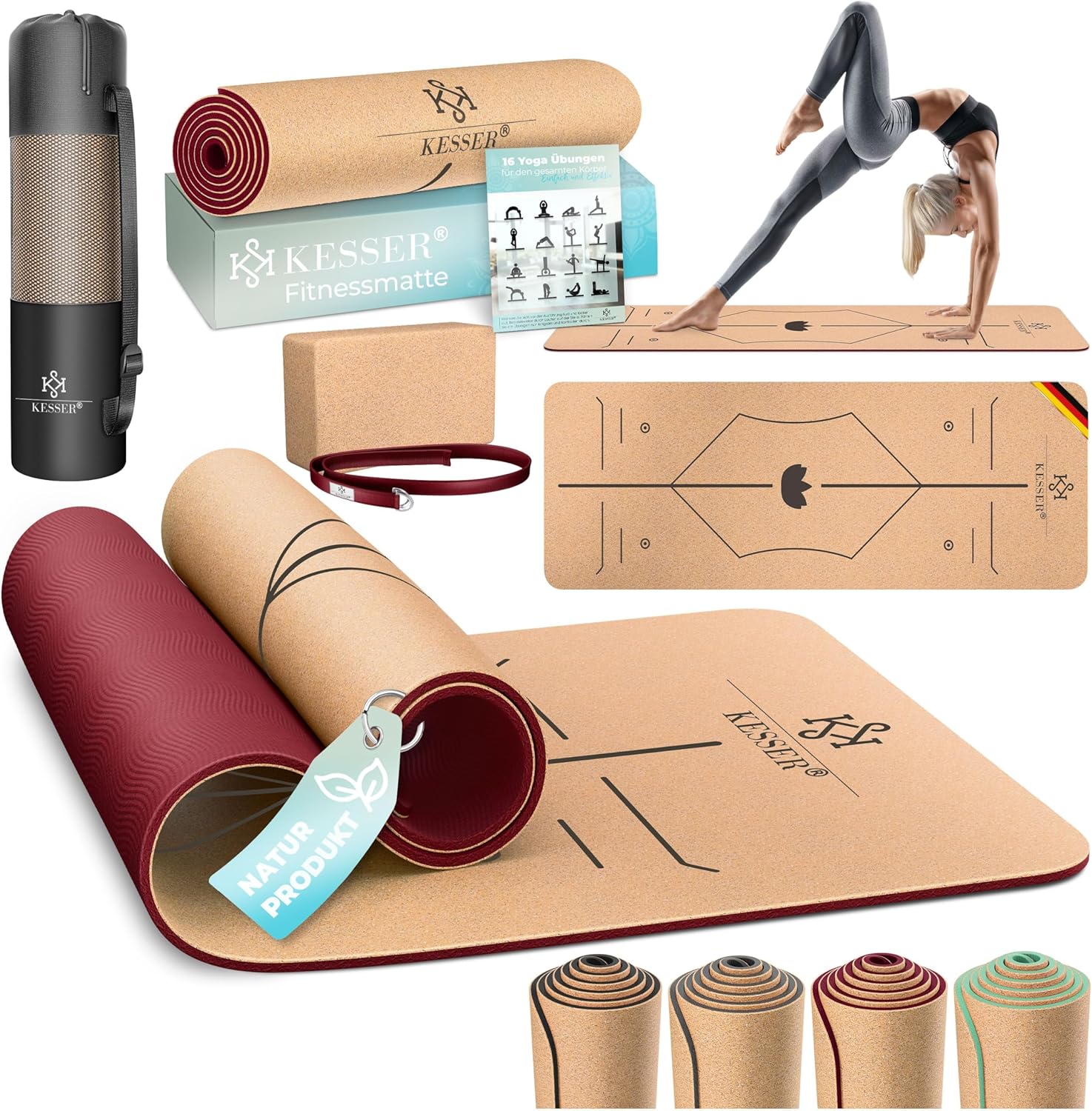 KESSER® Yogamatte aus Kork mit Tragegurttasche & Yogablock, Gymnastikmatte, Yogamatte, rutschfest, Naturkautschuk, TPE-Fitnessmatte, 183 x 62 cm, Trainingsmatte für Fitness, Sportmatte, Gymnastik, extra dick