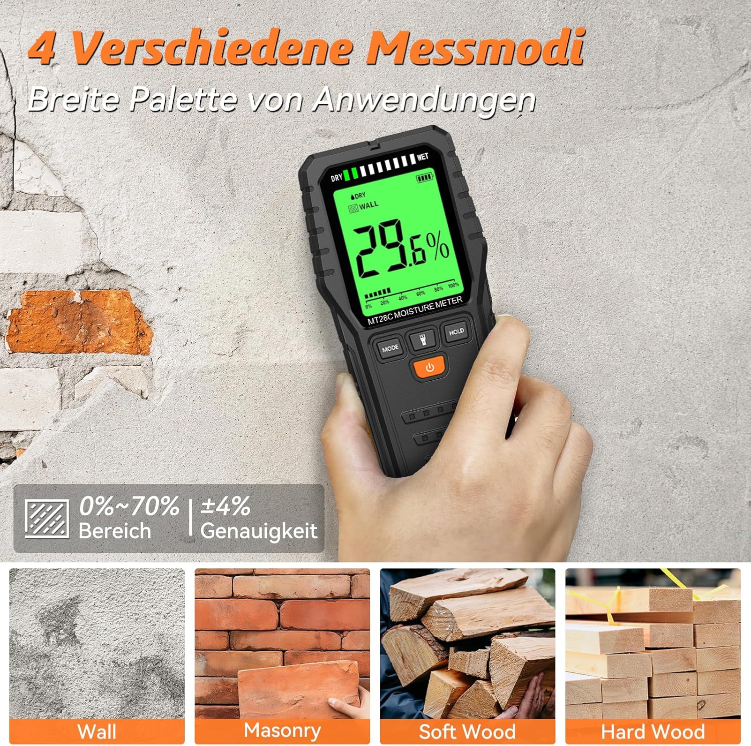 Feuchtigkeitsmesser für Wände, Feuchtigkeitsmesser, Wand, zerstörungsfreie Messung, Feuchtigkeitsmesser, Mauerwerk, geeignet für Holz, Wand, Wohnmobil, Decke, Boden – Bild 6