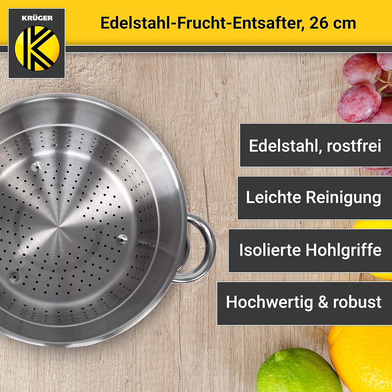 Krüger Edelstahl-Fruchtpresse 26 cm – Schonendes Entsaften von Obst und Gemüse – Nach dem Dampfentsafter-Prinzip – Gewinnung von natürlichem Fruchtsaft & Fruchtzucker – Bild 2