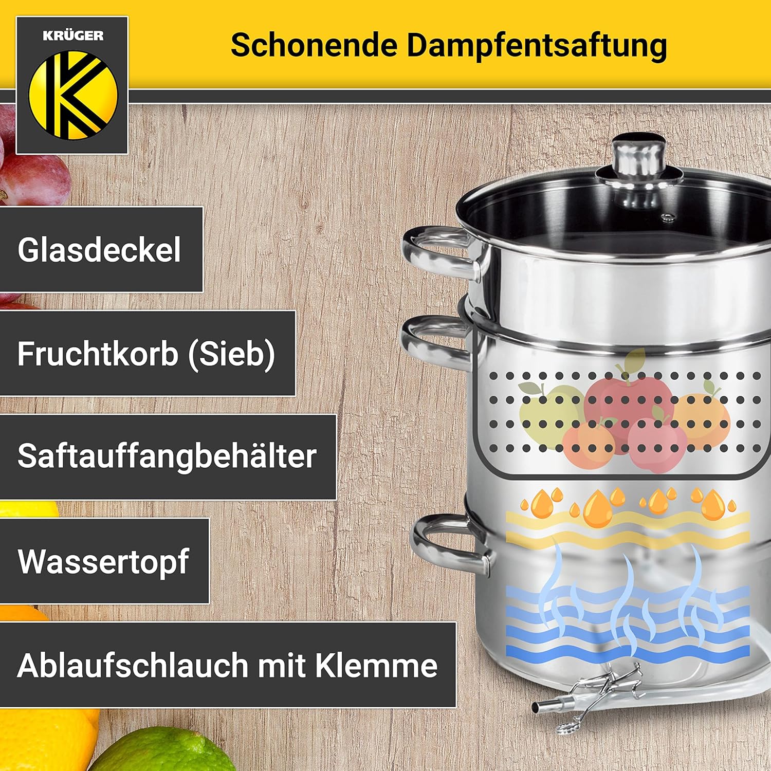 Krüger Edelstahl-Fruchtpresse 26 cm – Schonendes Entsaften von Obst und Gemüse – Nach dem Dampfentsafter-Prinzip – Gewinnung von natürlichem Fruchtsaft & Fruchtzucker – Bild 4