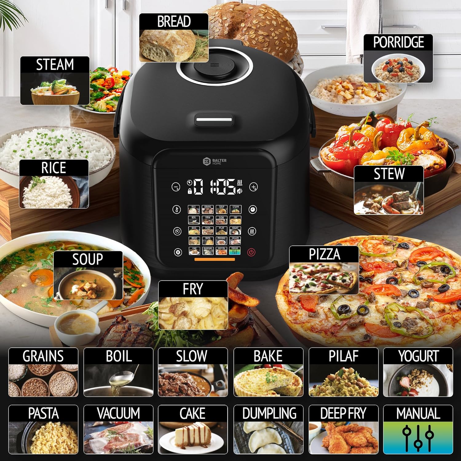 Balter Reiskocher, Multikocher mit 20 Programmen, 4L Reiskocher, Multikocher, Fuzzy-Logic, Dampfgarer & Schongarer, Warmhaltefunktion & Timer, inkl. Premium-Topf, Zubehör & Rezeptbuch, klein – Bild 2