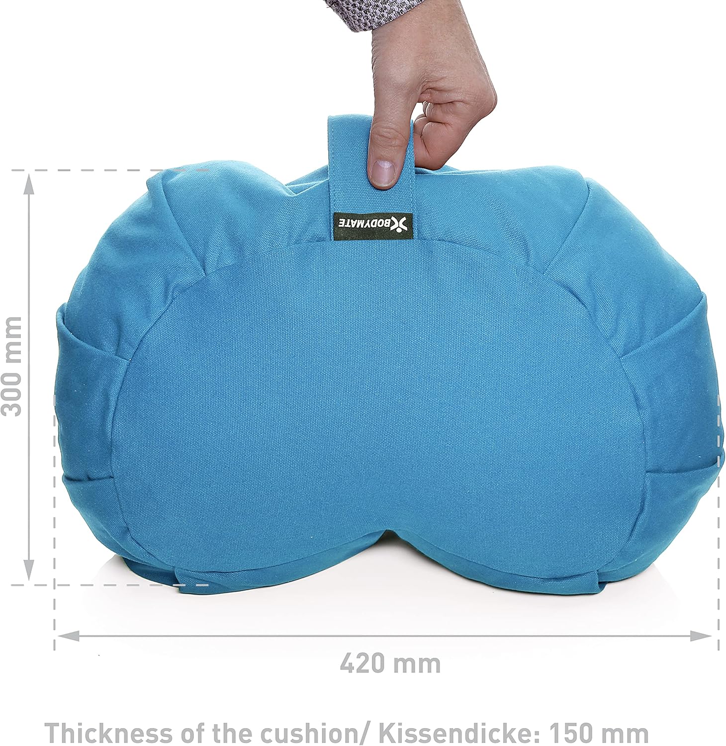 BODYMATE Halbmond-Yogakissen 42 cm lang, 30 cm breit und 15 cm hoch mit Buchweizenschalenfüllung – maschinenwaschbarer Bezug aus 100 % extra dicker Baumwolle – Meditationskissen – Sitzkissen – Bild 3