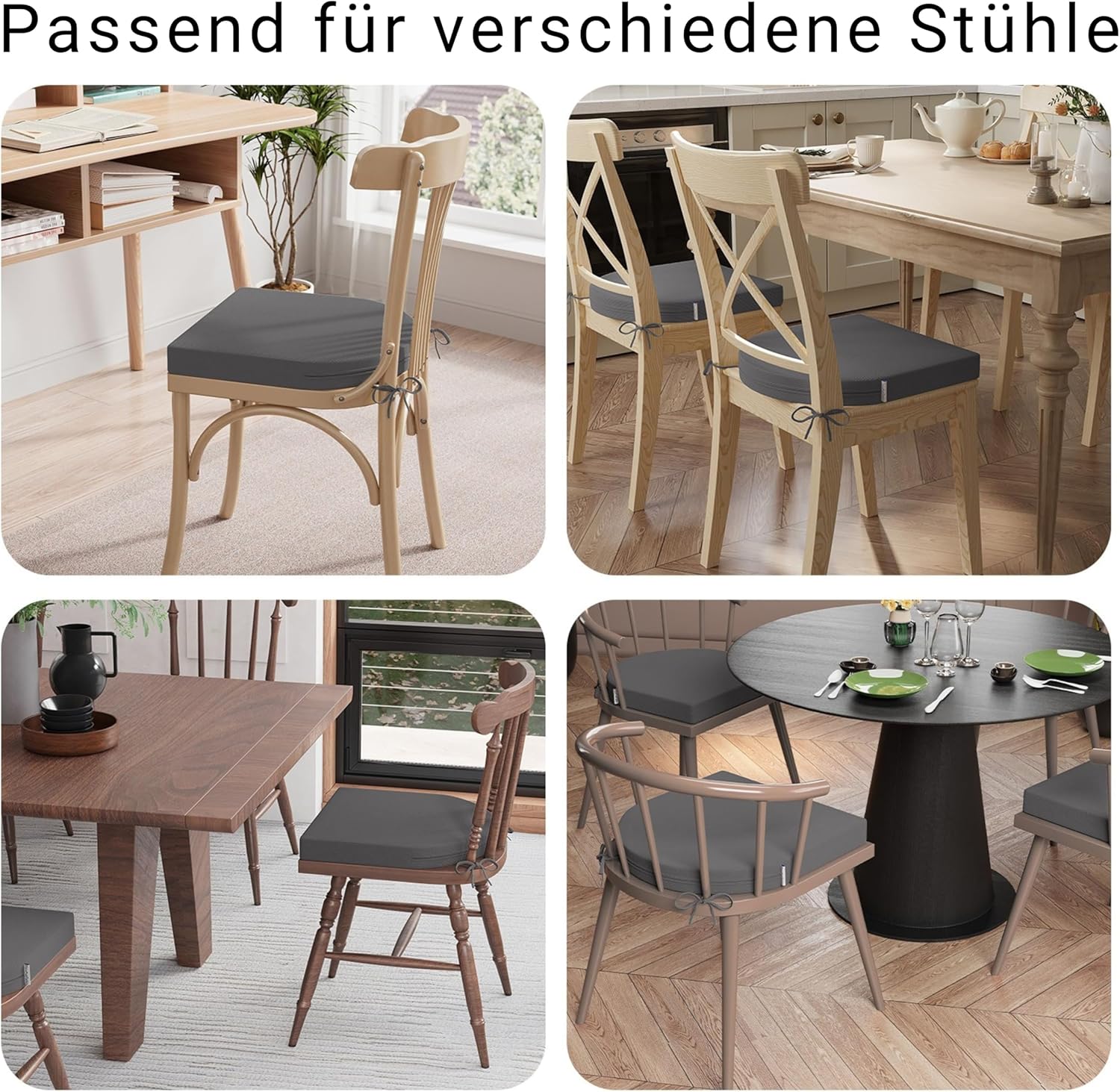 Stuhlkissen 40 x 40 x 5 cm (2er-Set), anthrazit, hochdichter Schaumstoff für den Innen- und Außenbereich, für Küche, Esszimmer, Garten, mit Befestigungsgurten und waschbarem Bezug – Bild 8